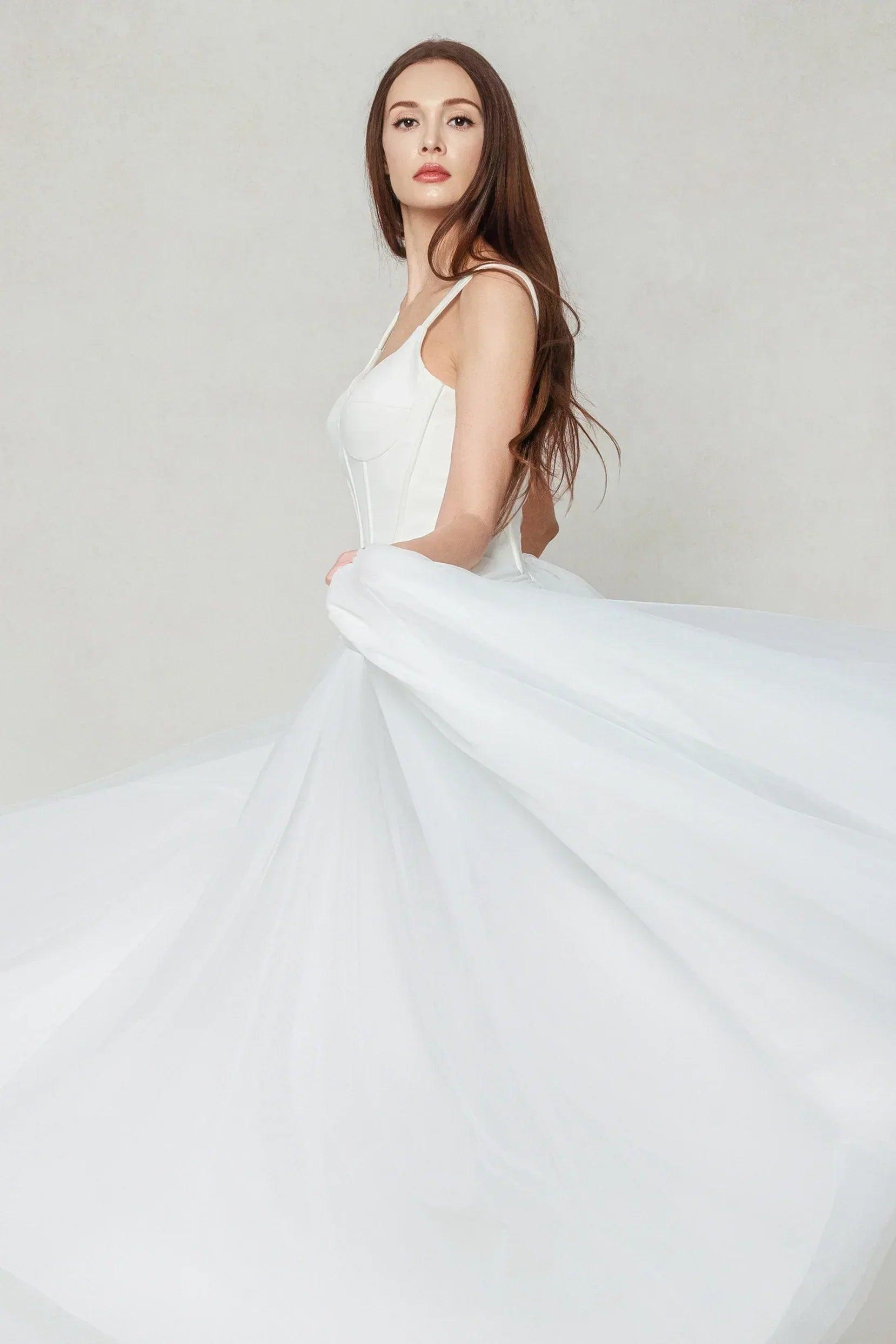 A-Line Sweep-Brush Train Stretch Satin Tulle Wedding Dress CW3595