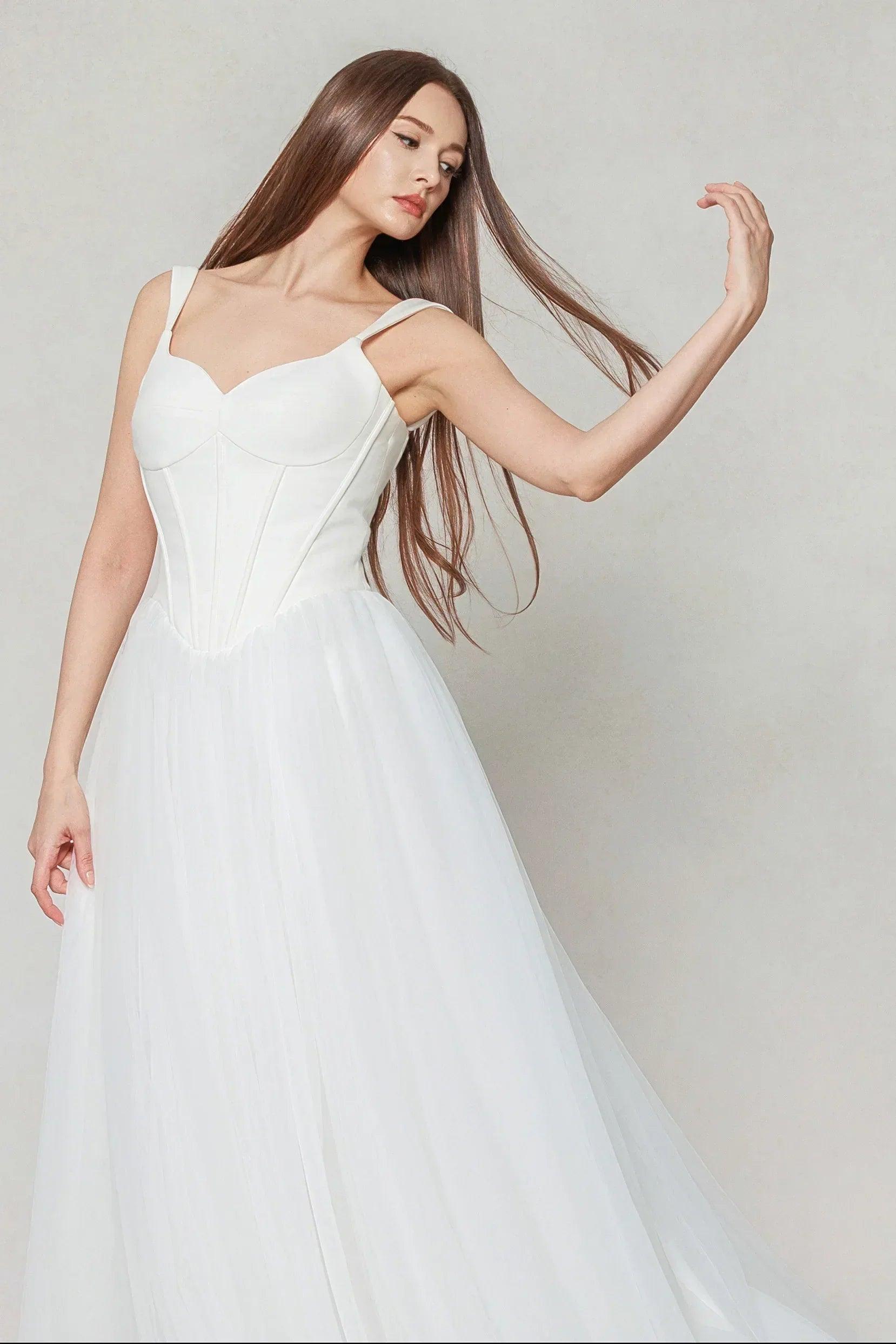 A-Line Sweep-Brush Train Stretch Satin Tulle Wedding Dress CW3595