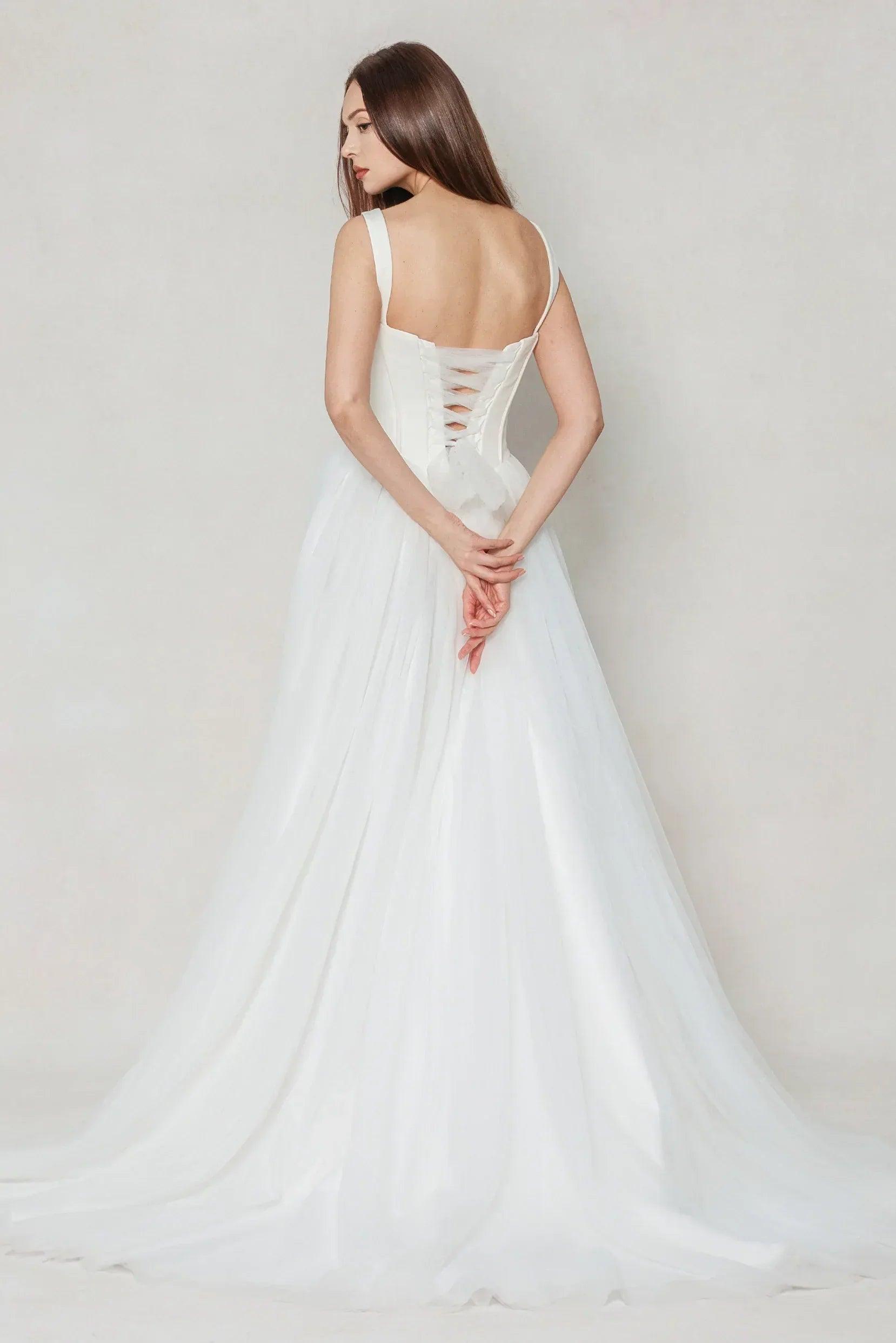 A-Line Sweep-Brush Train Stretch Satin Tulle Wedding Dress CW3595
