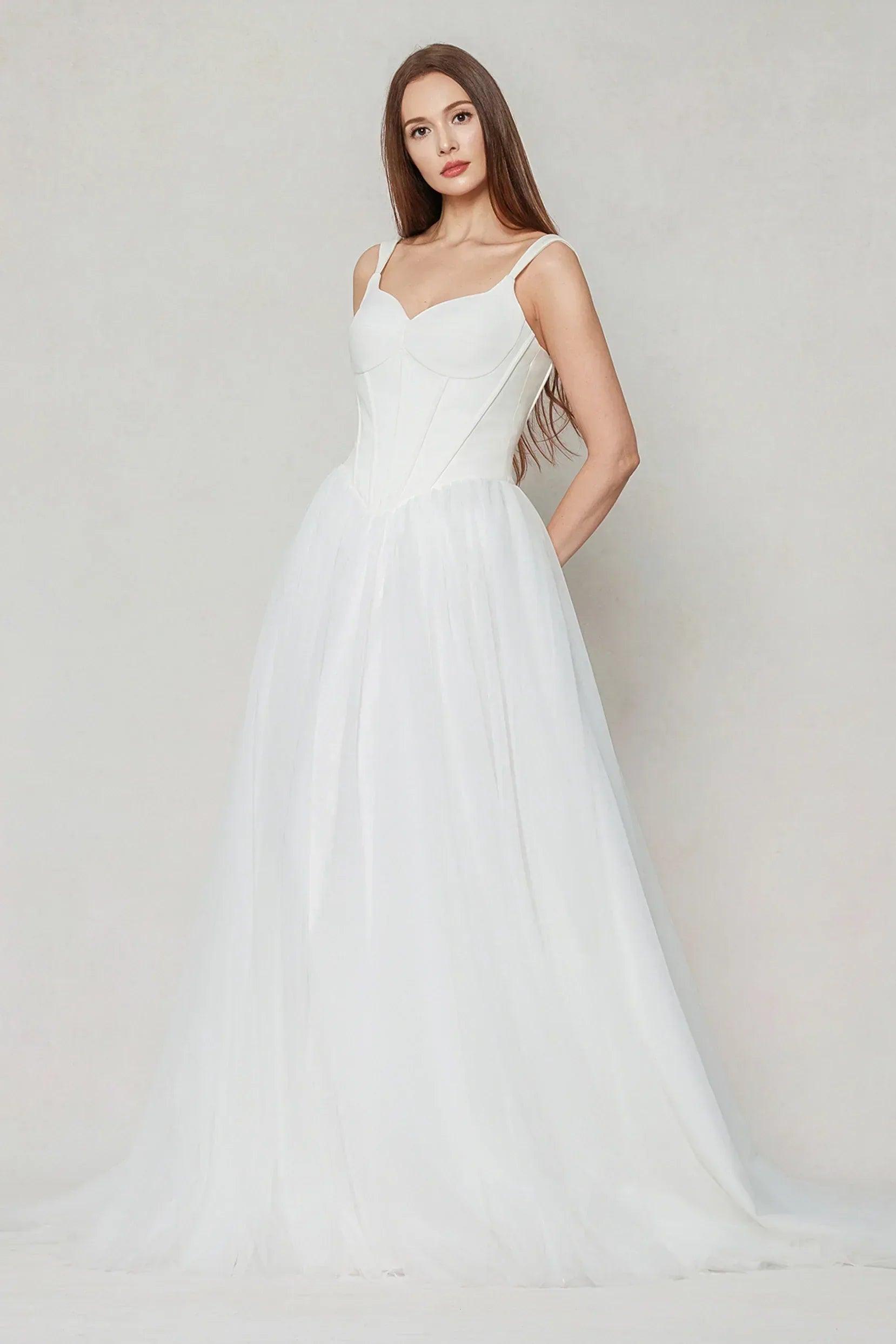 A-Line Sweep-Brush Train Stretch Satin Tulle Wedding Dress CW3595