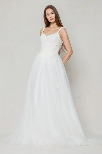 A-Line Sweep-Brush Train Stretch Satin Tulle Wedding Dress CW3595
