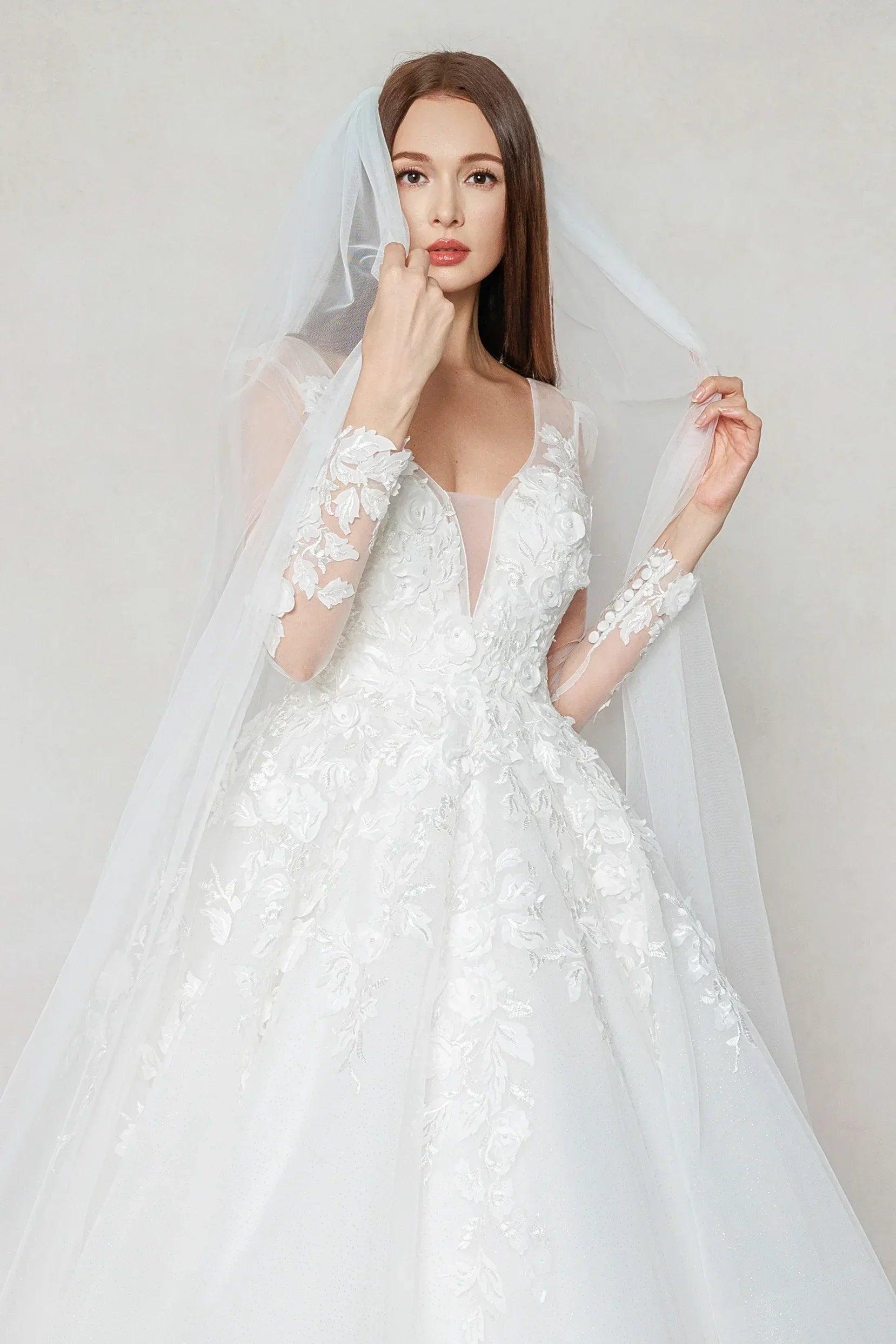A-Line Chapel Train Tulle Wedding Dress CW3598