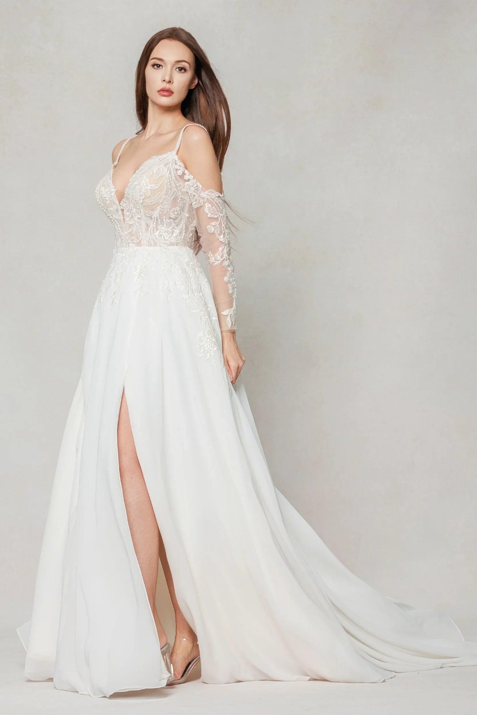 A-Line Court Train Lace Chiffon Wedding Dress CW3602