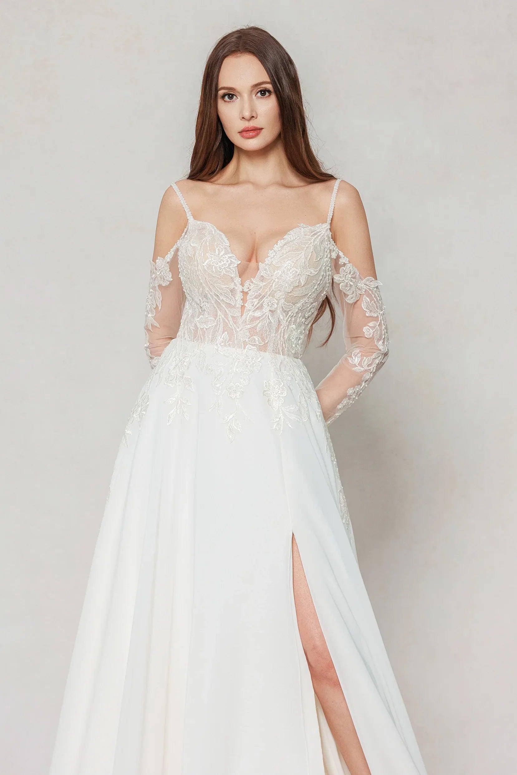 A-Line Court Train Lace Chiffon Wedding Dress CW3602