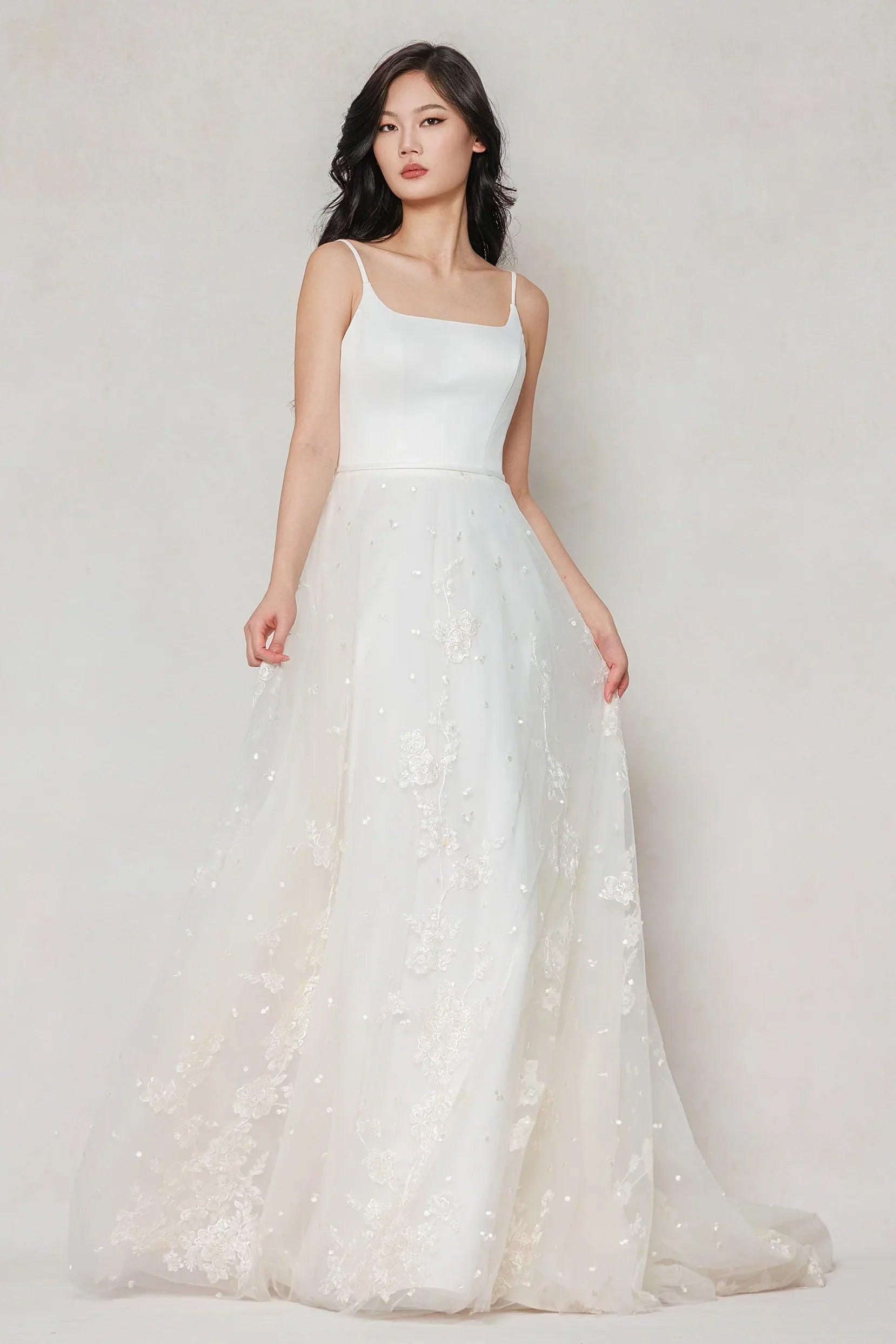 A-Line Court Train Stretch Satin Tulle Wedding Dress CW3603