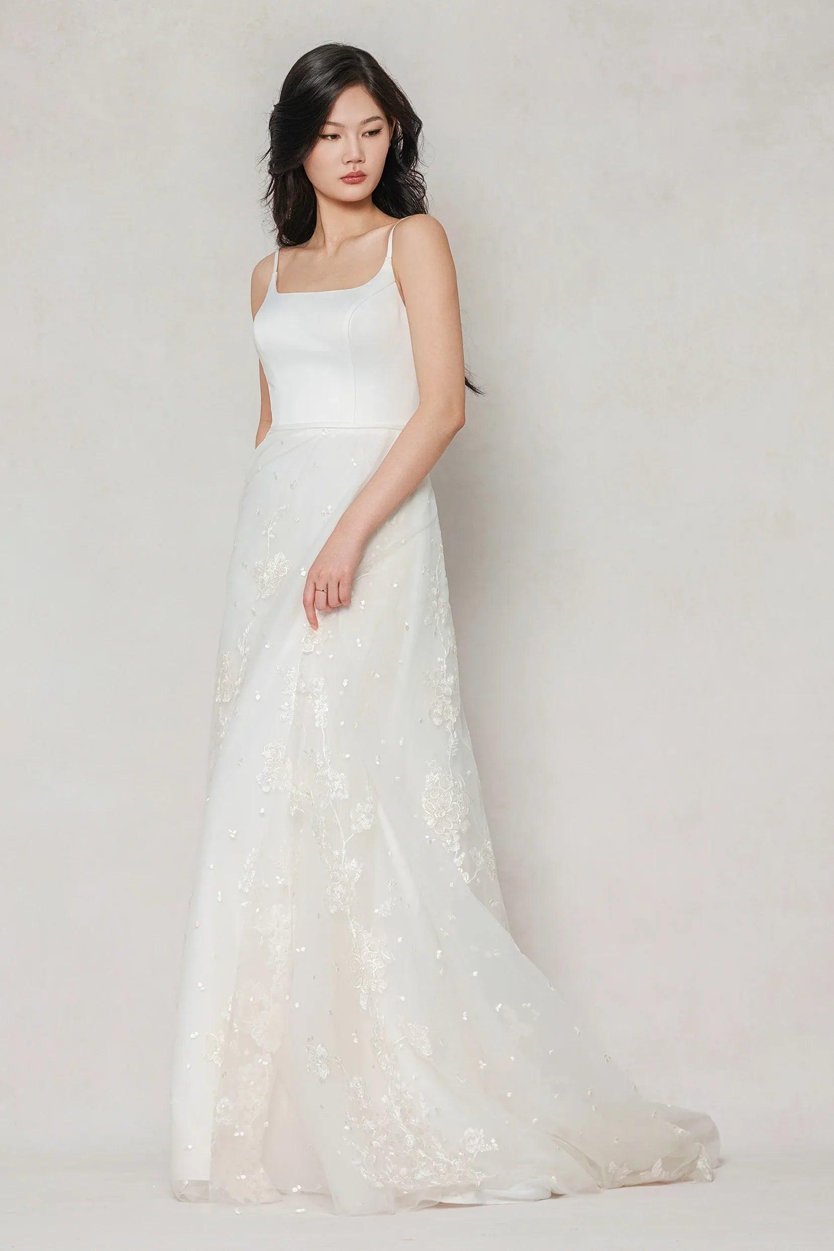 A-Line Court Train Stretch Satin Tulle Wedding Dress CW3603