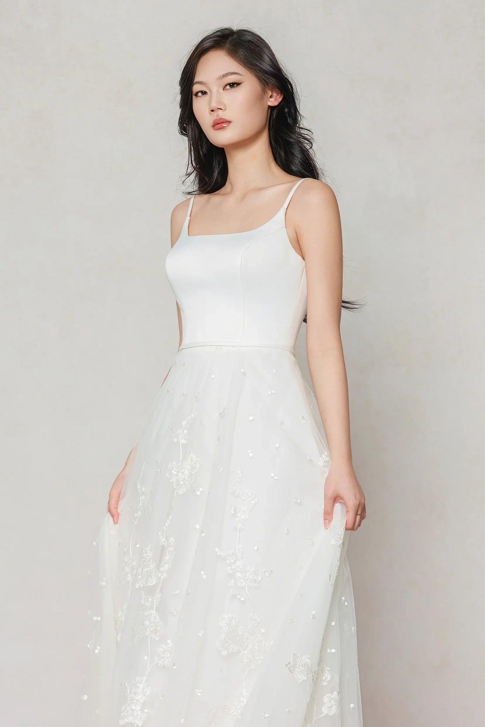 A-Line Court Train Stretch Satin Tulle Wedding Dress CW3603