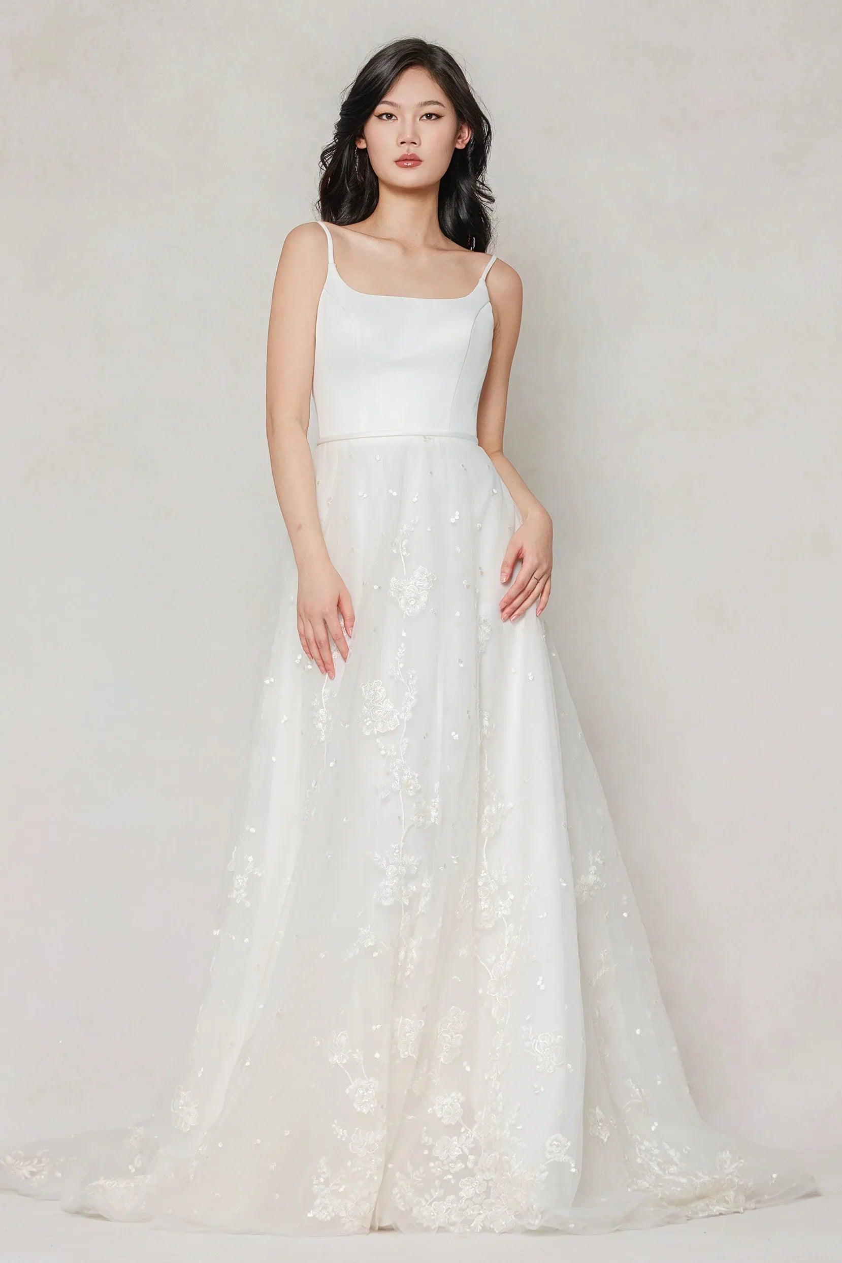 A-Line Court Train Stretch Satin Tulle Wedding Dress CW3603