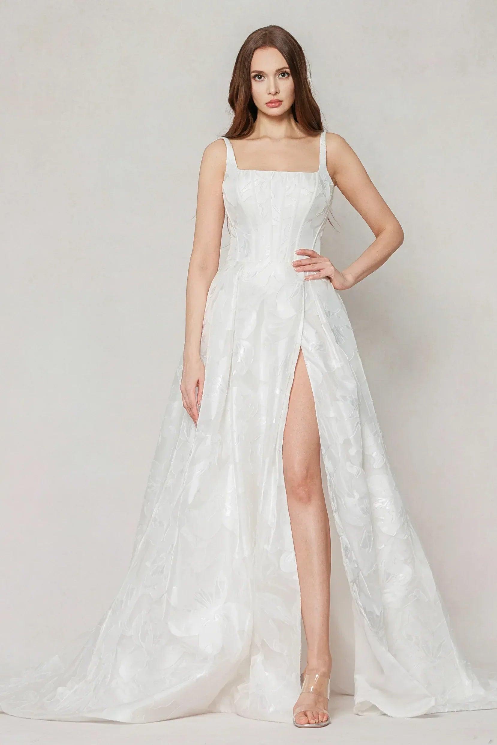A-Line Court Train Jacquard Satin Wedding Dress CW3621