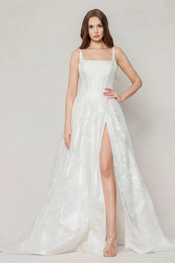 A-Line Court Train Jacquard Satin Wedding Dress CW3621