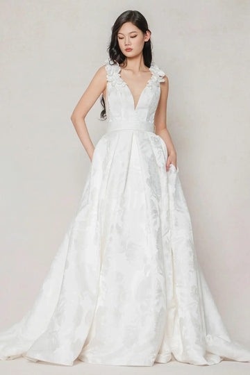 A-Line Court Train Jacquard Satin Wedding Dress CW3622