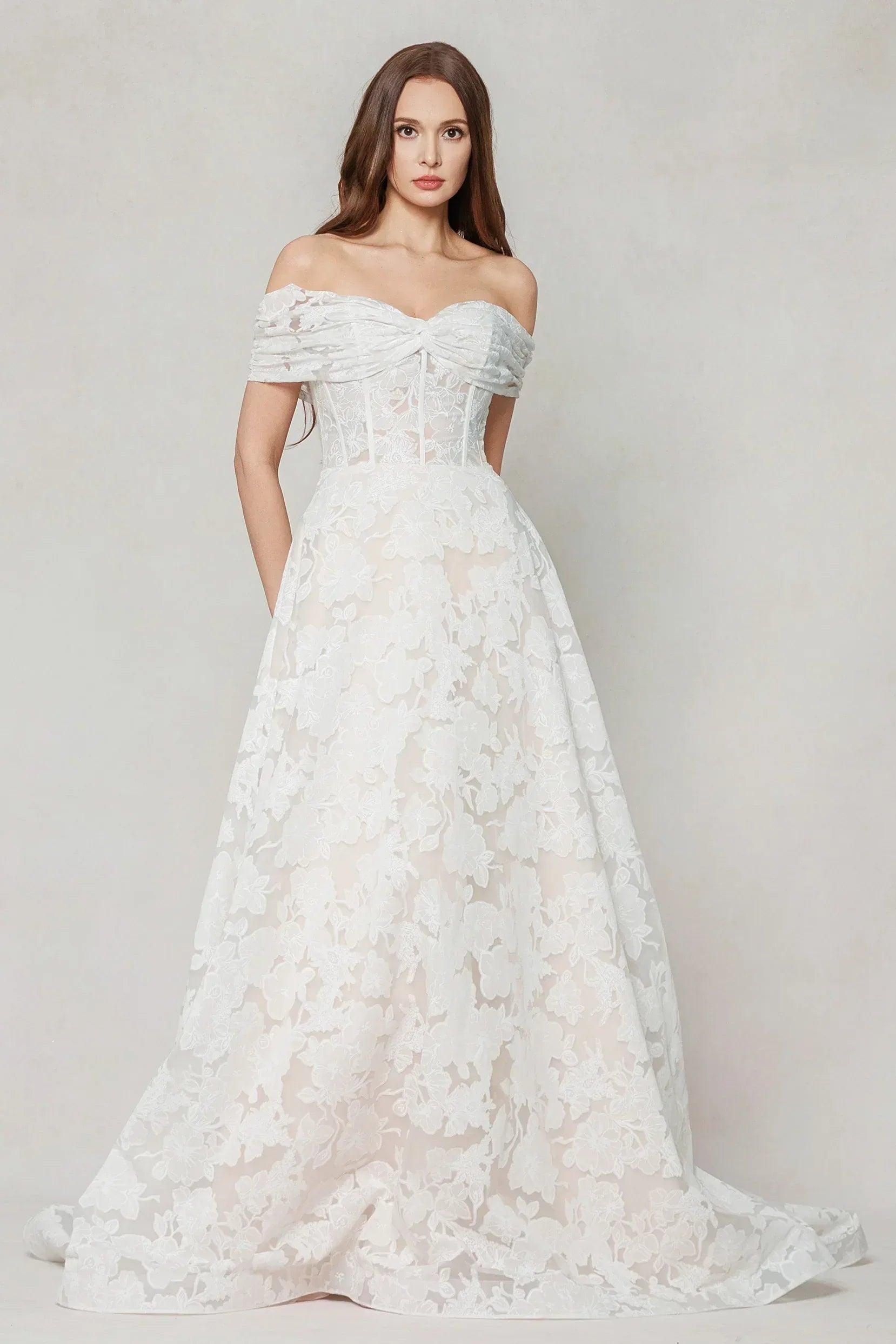 A-Line Court Train Gauze Broche Wedding Dress CW3623