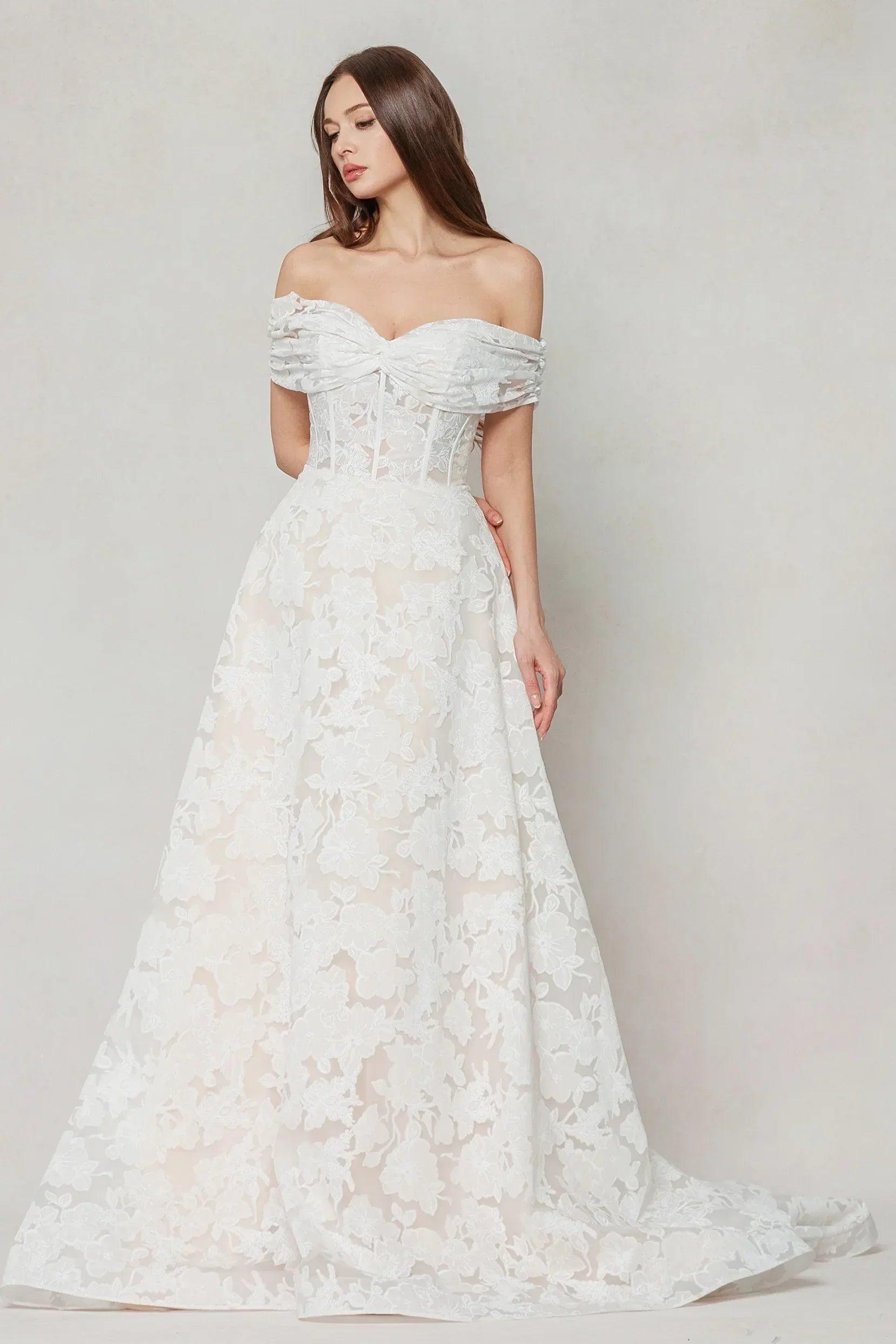 A-Line Court Train Gauze Broche Wedding Dress CW3623