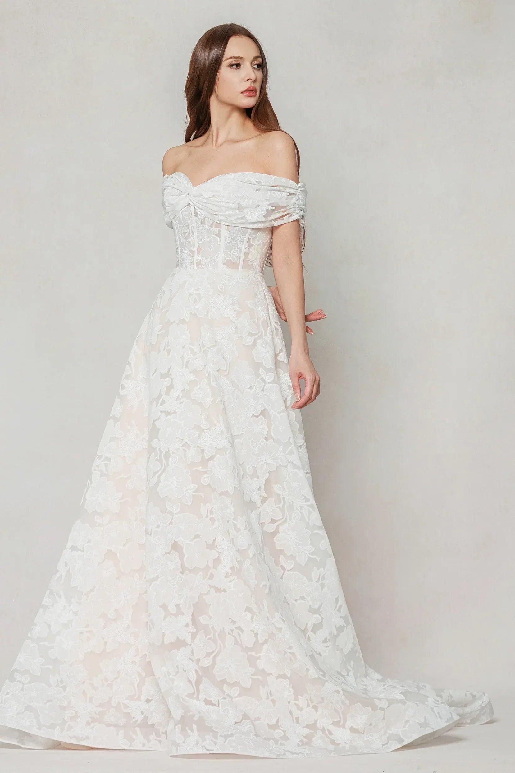 A-Line Court Train Gauze Broche Wedding Dress CW3623