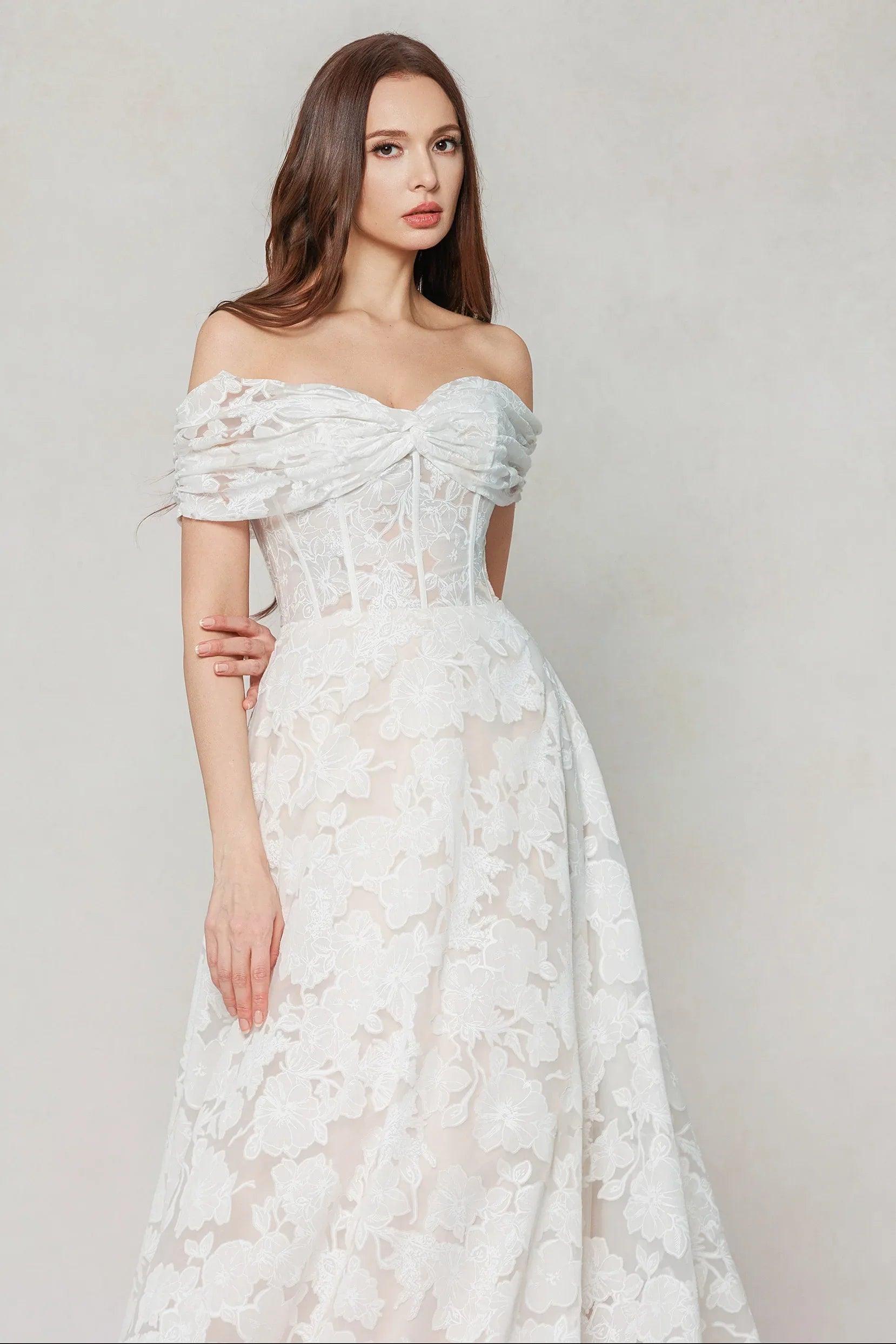 A-Line Court Train Gauze Broche Wedding Dress CW3623