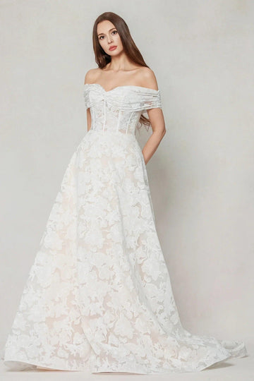 A-Line Court Train Gauze Broche Wedding Dress CW3623
