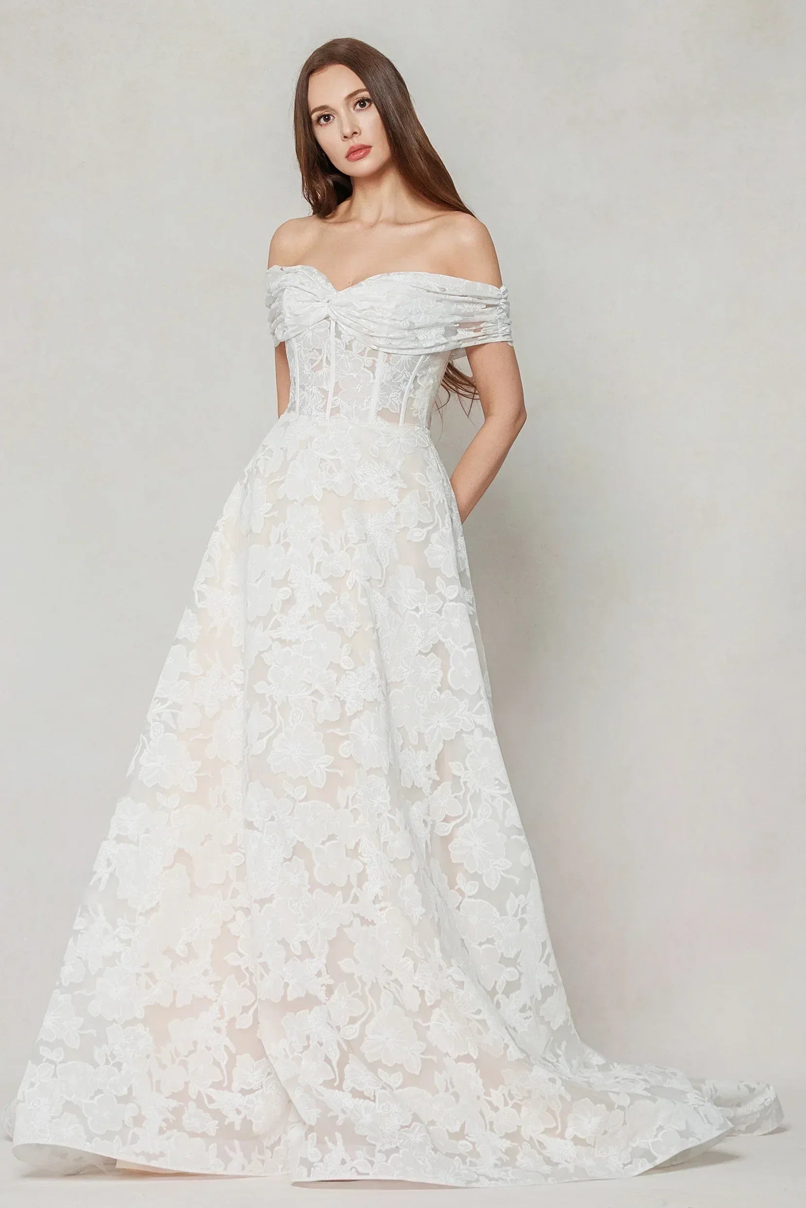 A-Line Court Train Gauze Broche Wedding Dress CW3623