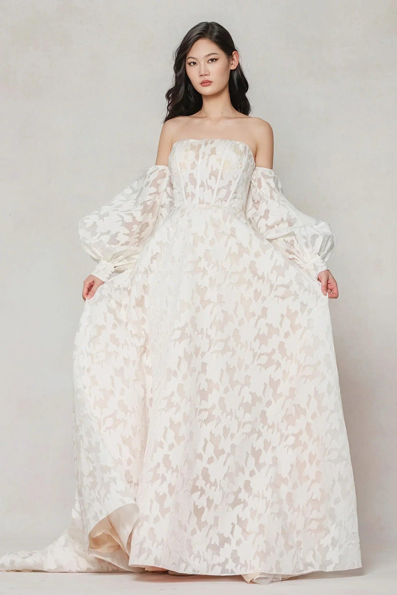 A-Line Court Train Gauze Broche Wedding Dress CW3624