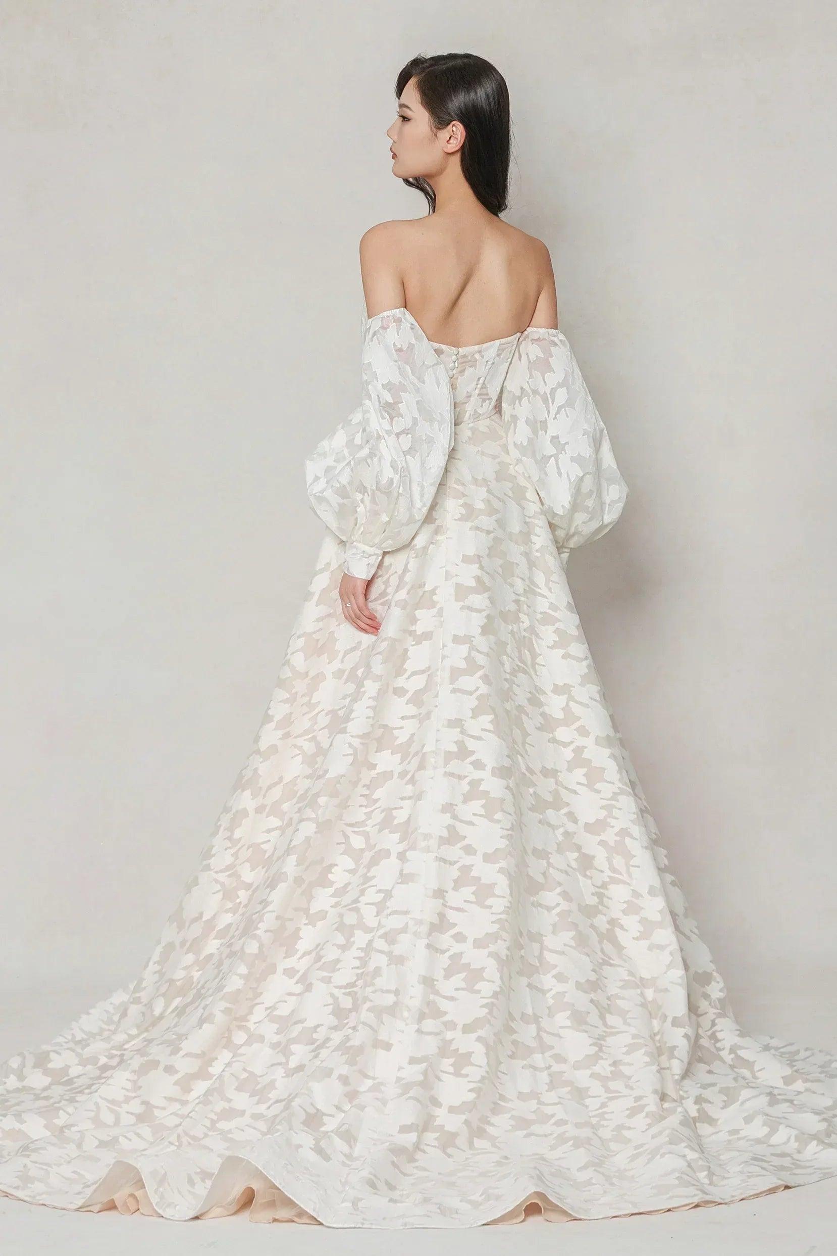 A-Line Court Train Gauze Broche Wedding Dress CW3624