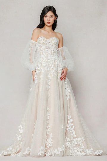 A-Line Sweep-Brush Train Tulle Wedding Dress CW3631