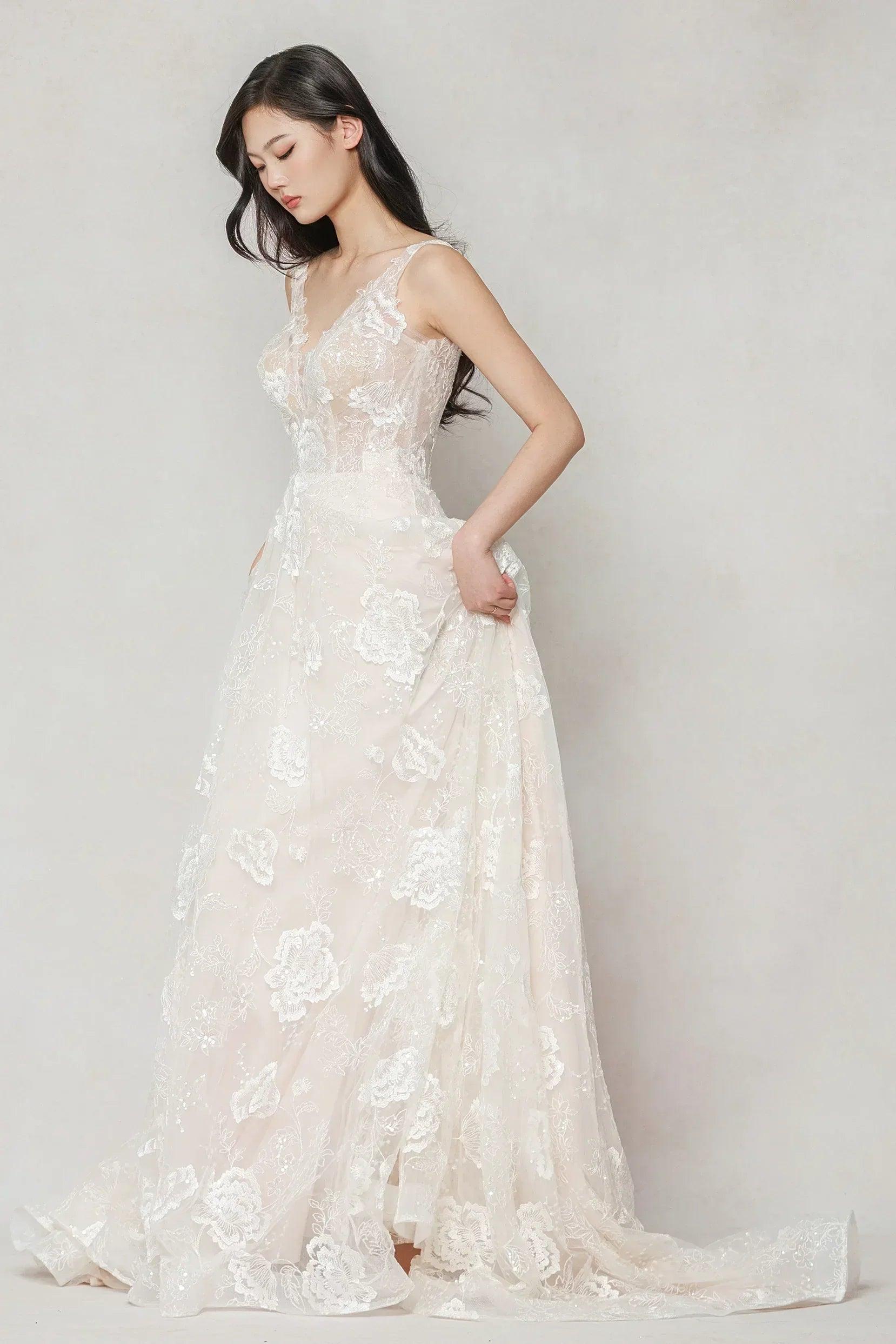 A-Line Court Train Lace Wedding Dress CW3636