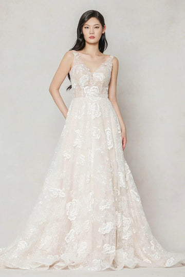A-Line Court Train Lace Wedding Dress CW3636