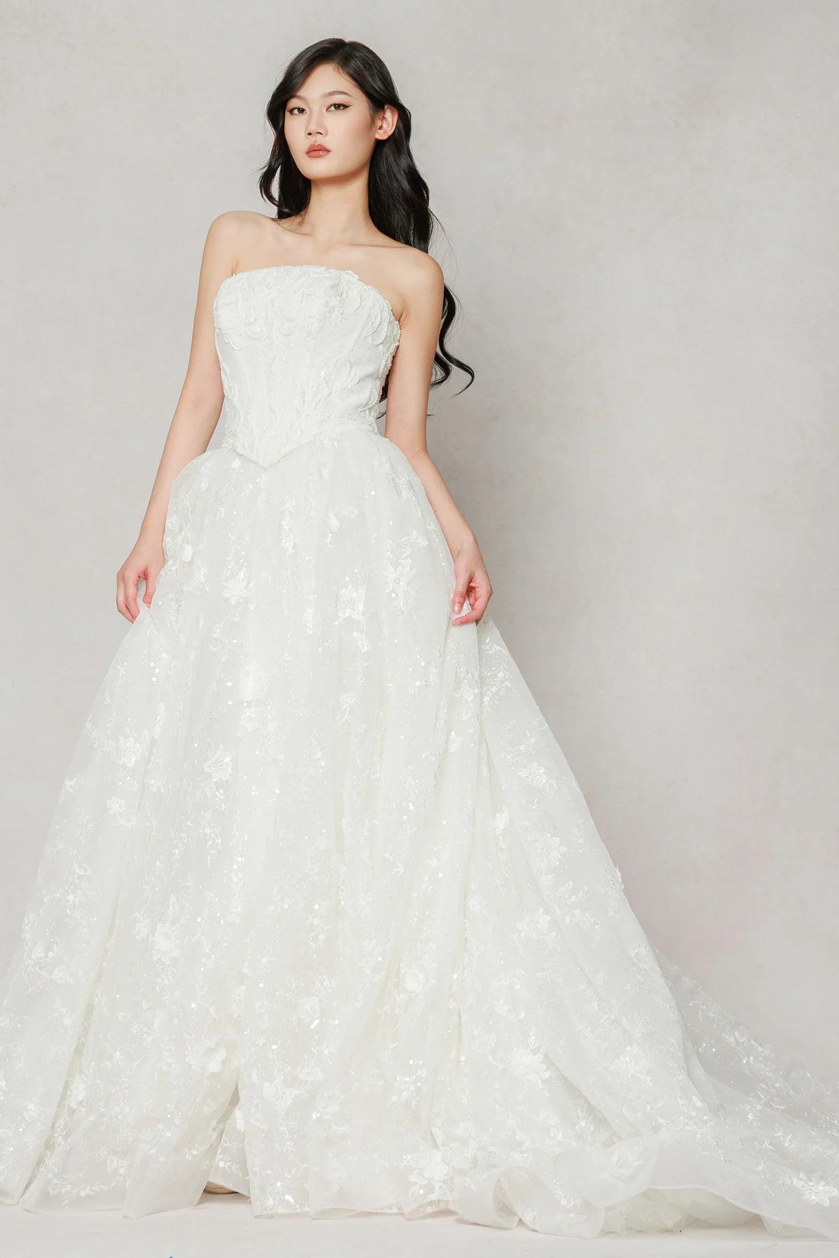 A-Line Court Train Stretch Satin Lace Tulle Wedding Dress CW3638