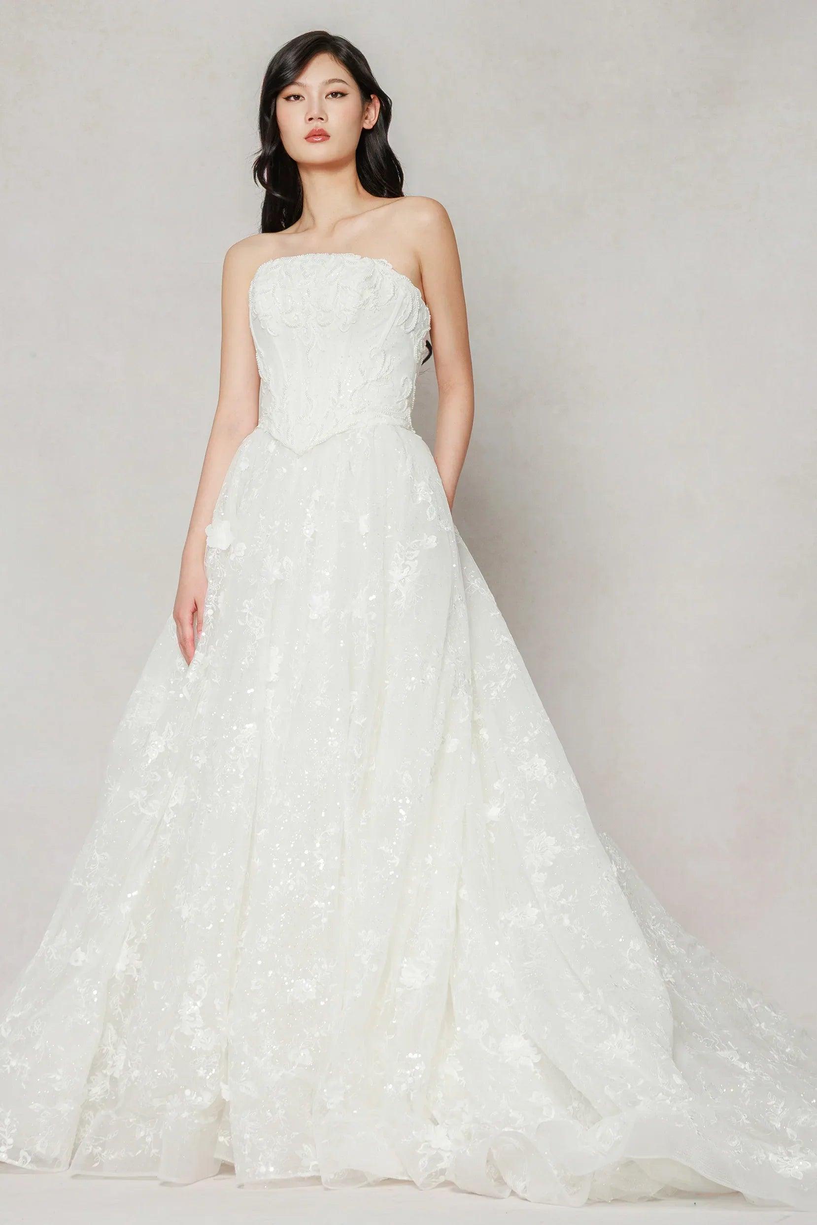 A-Line Court Train Stretch Satin Lace Tulle Wedding Dress CW3638