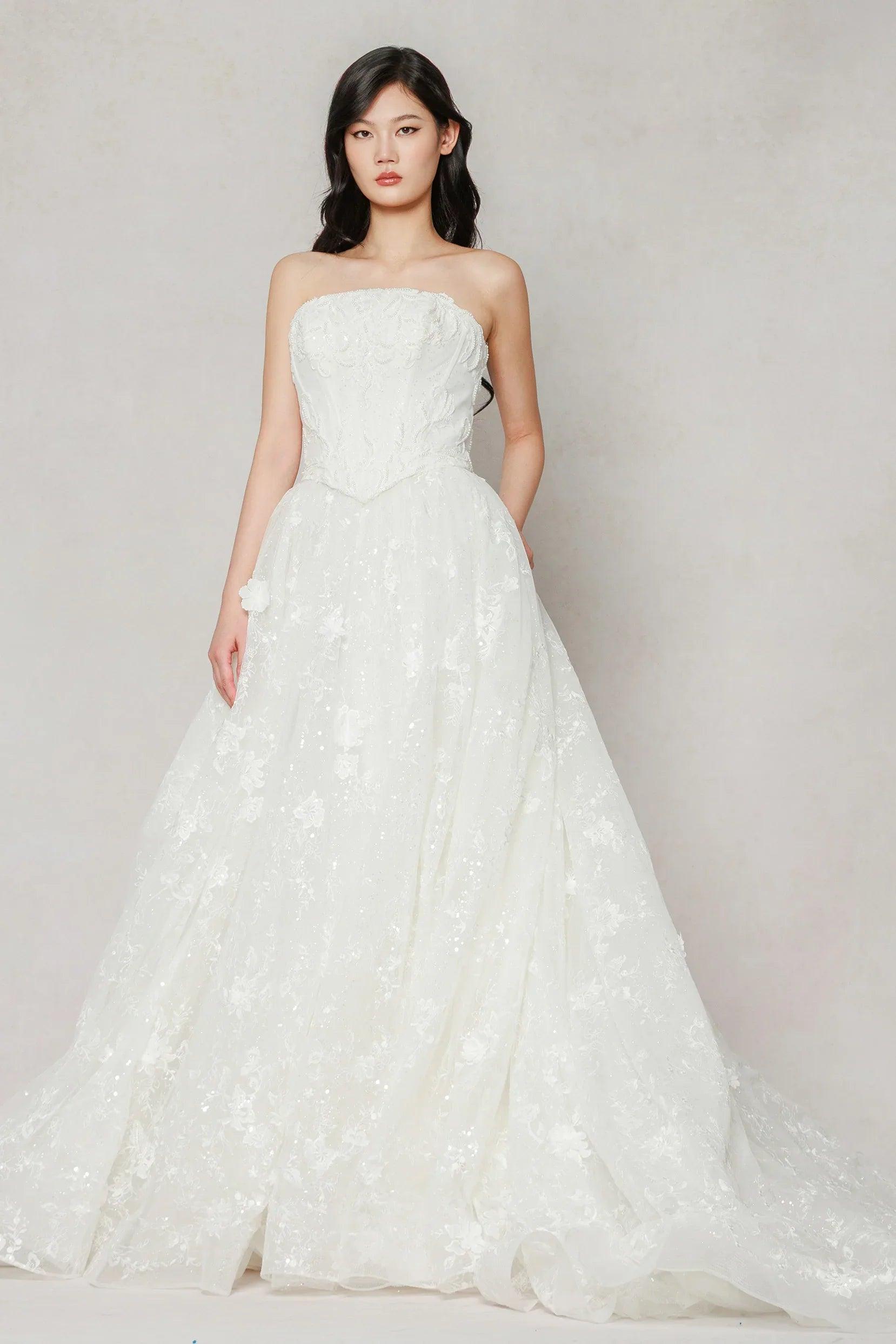 A-Line Court Train Stretch Satin Lace Tulle Wedding Dress CW3638