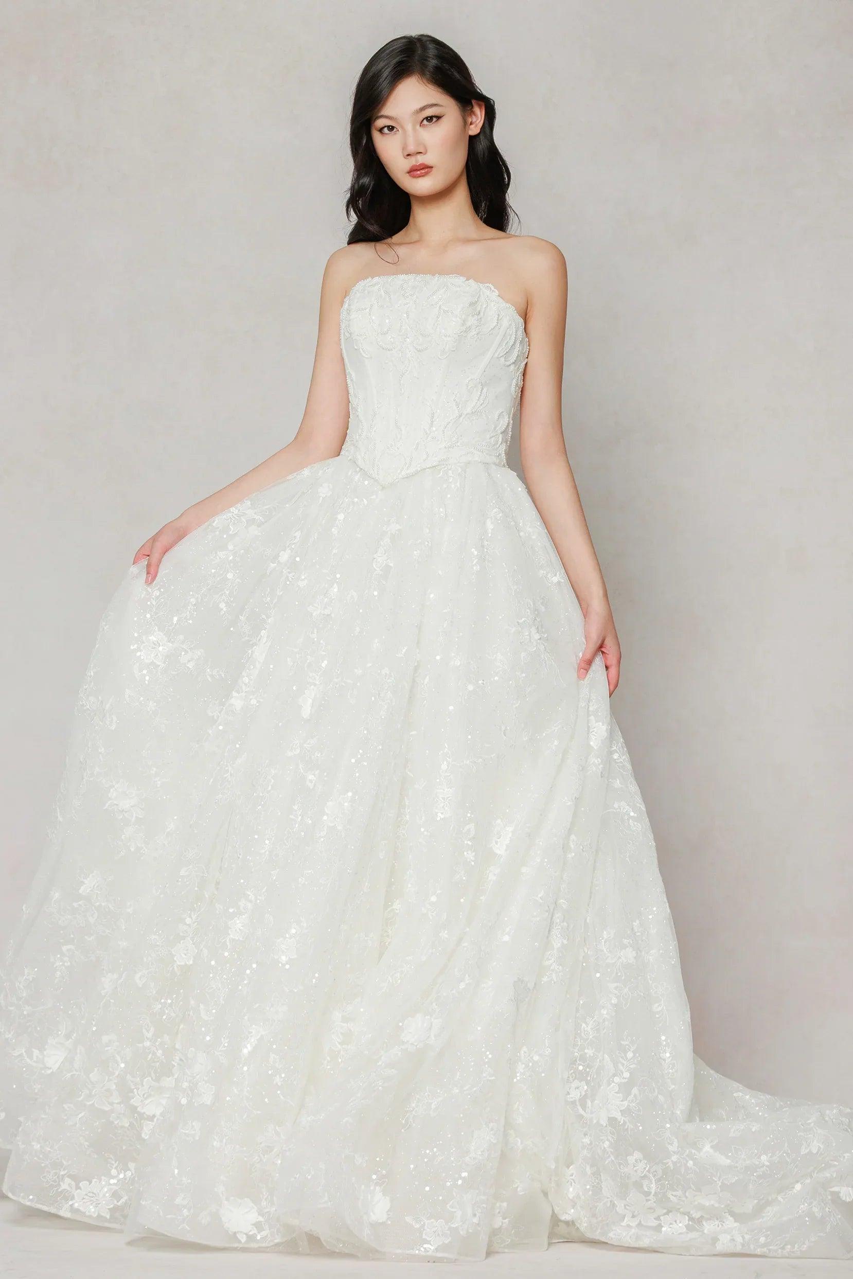 A-Line Court Train Stretch Satin Lace Tulle Wedding Dress CW3638
