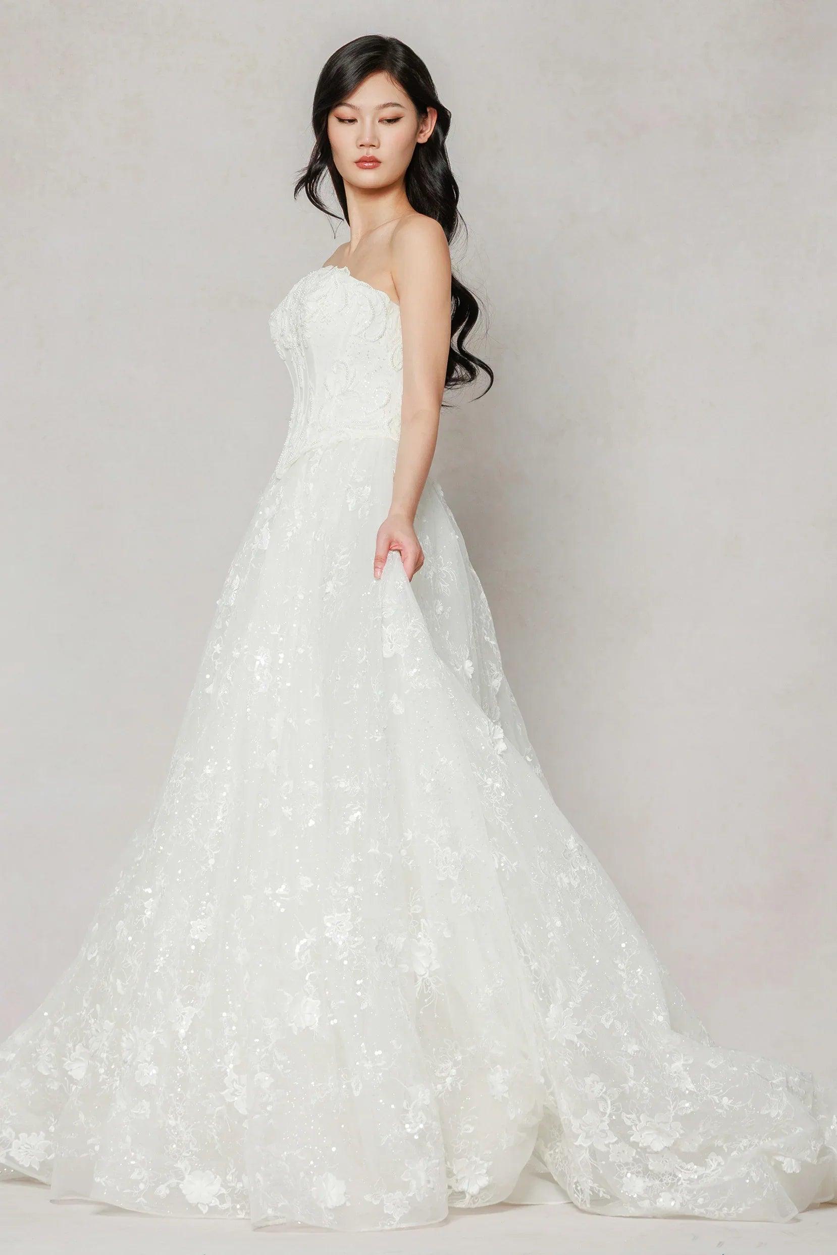 A-Line Court Train Stretch Satin Lace Tulle Wedding Dress CW3638