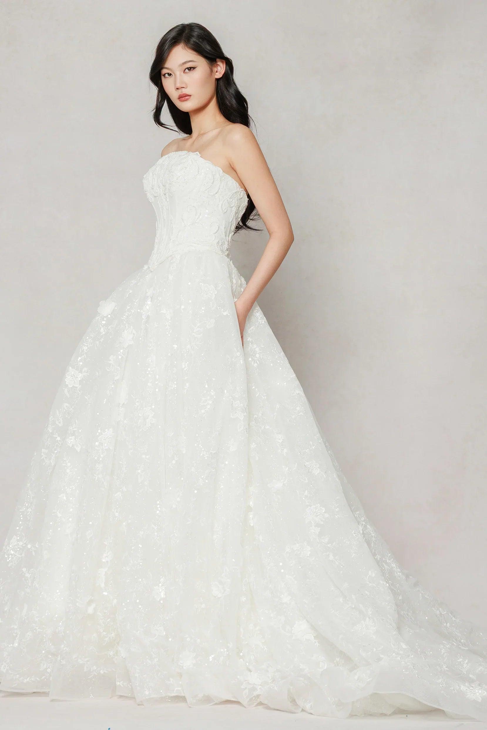 A-Line Court Train Stretch Satin Lace Tulle Wedding Dress CW3638