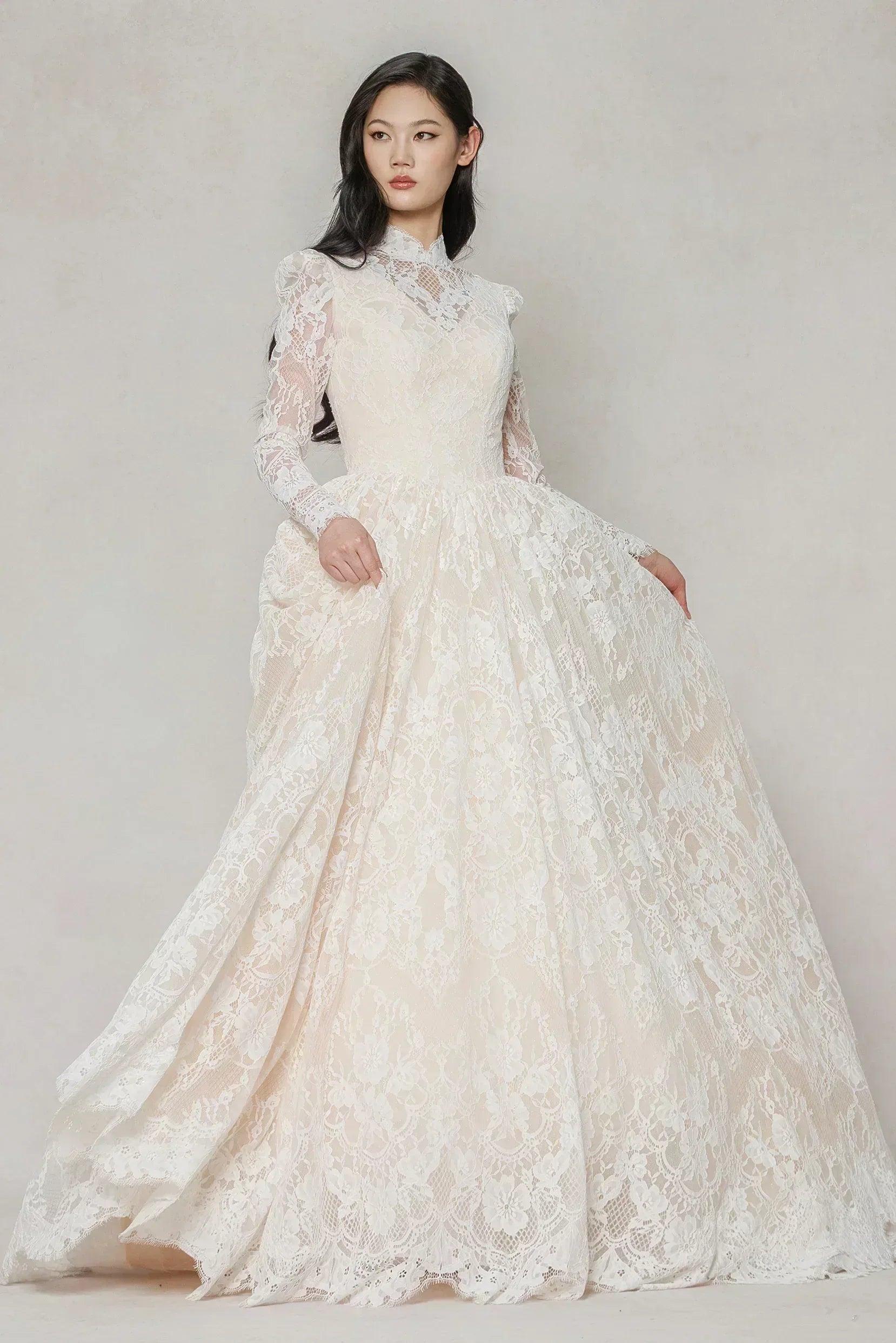 A-Line Chapel Train Lace Tulle Wedding Dress CW3646