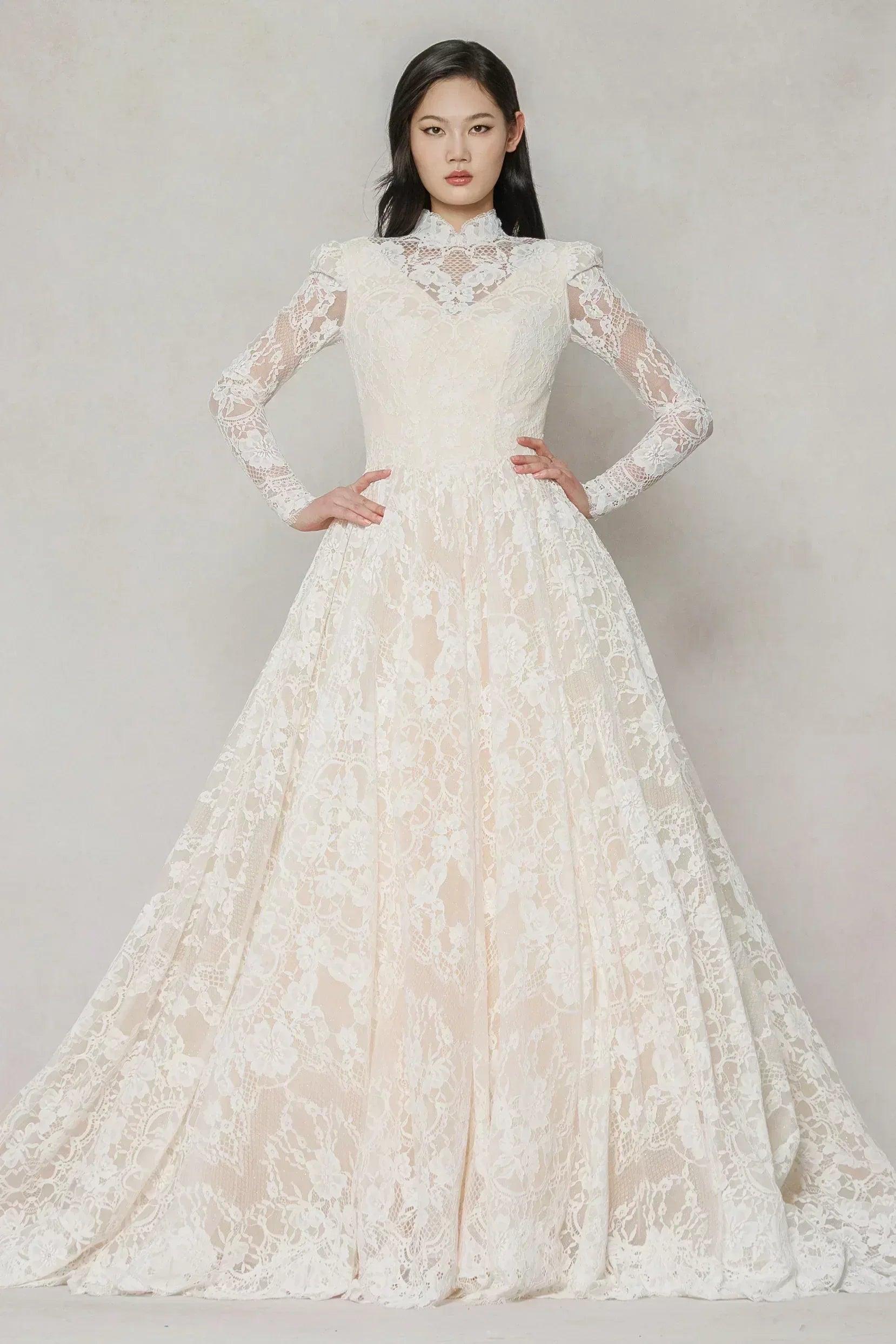 A-Line Chapel Train Lace Tulle Wedding Dress CW3646