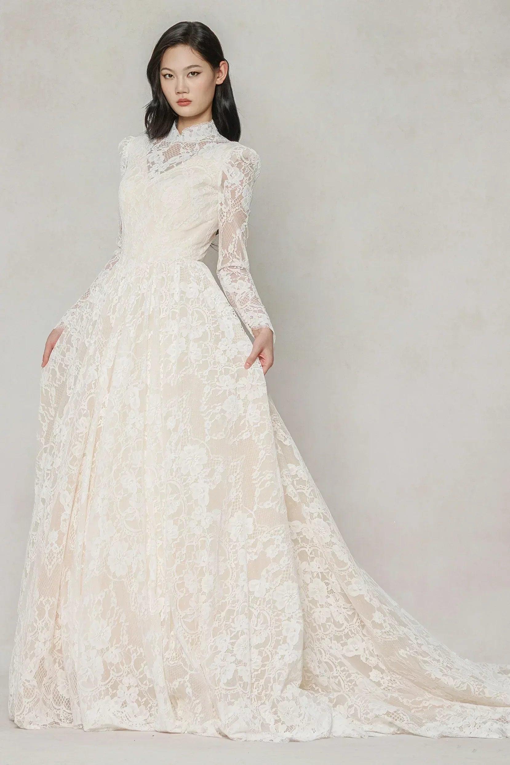 A-Line Chapel Train Lace Tulle Wedding Dress CW3646
