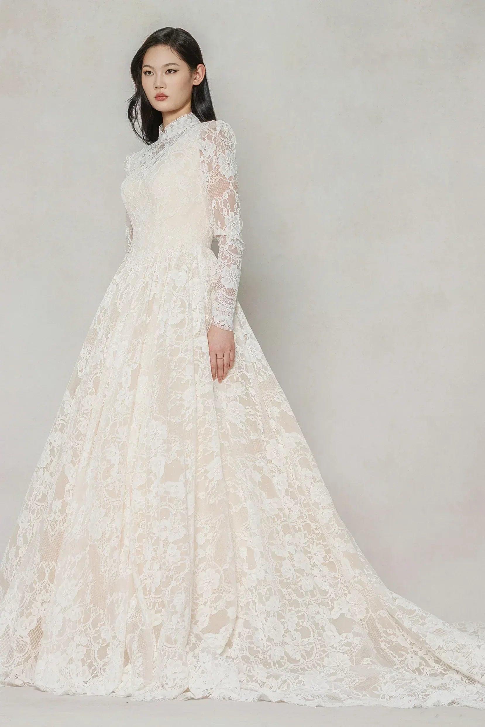 A-Line Chapel Train Lace Tulle Wedding Dress CW3646