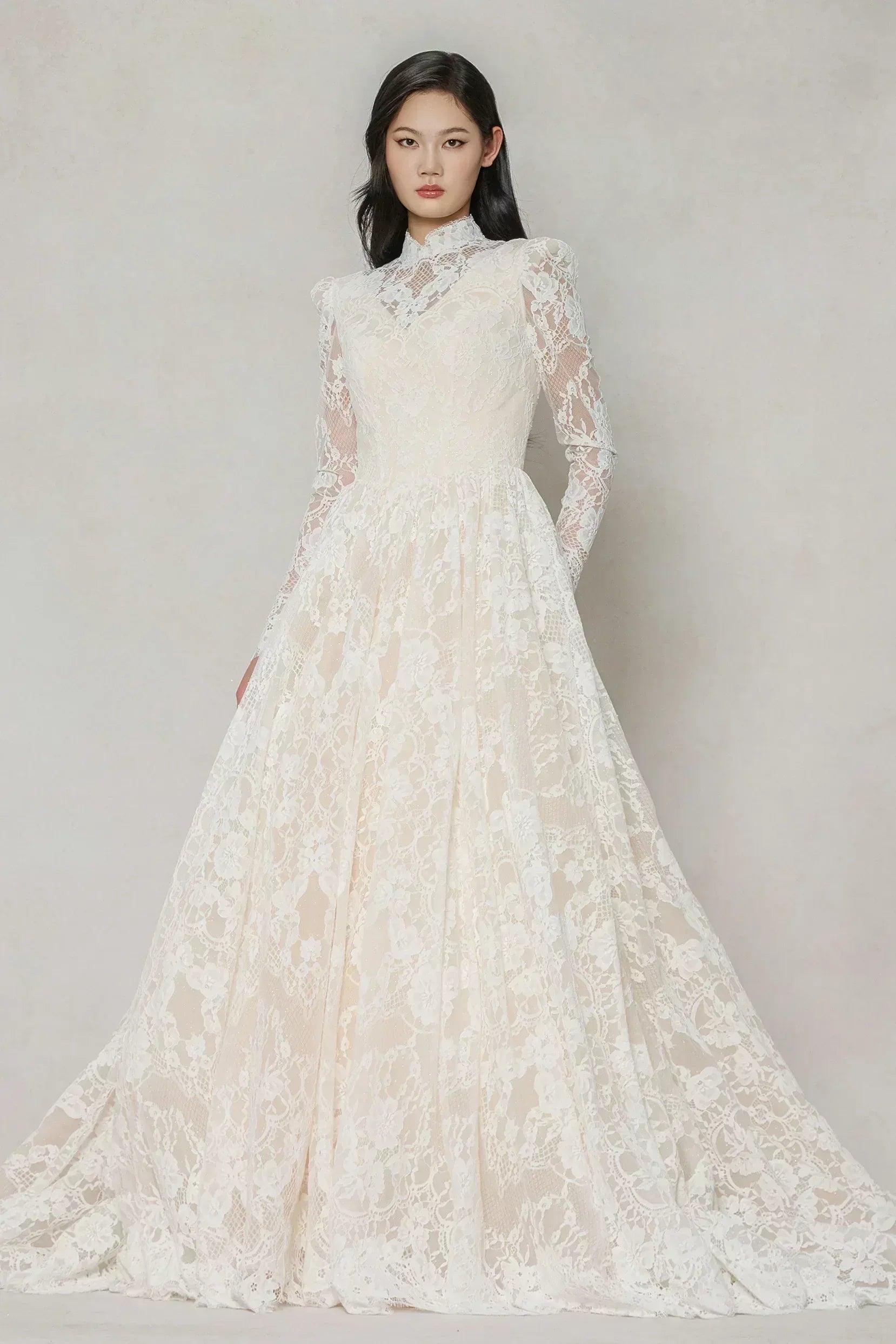 A-Line Chapel Train Lace Tulle Wedding Dress CW3646