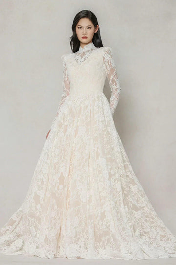 A-Line Chapel Train Lace Tulle Wedding Dress CW3646