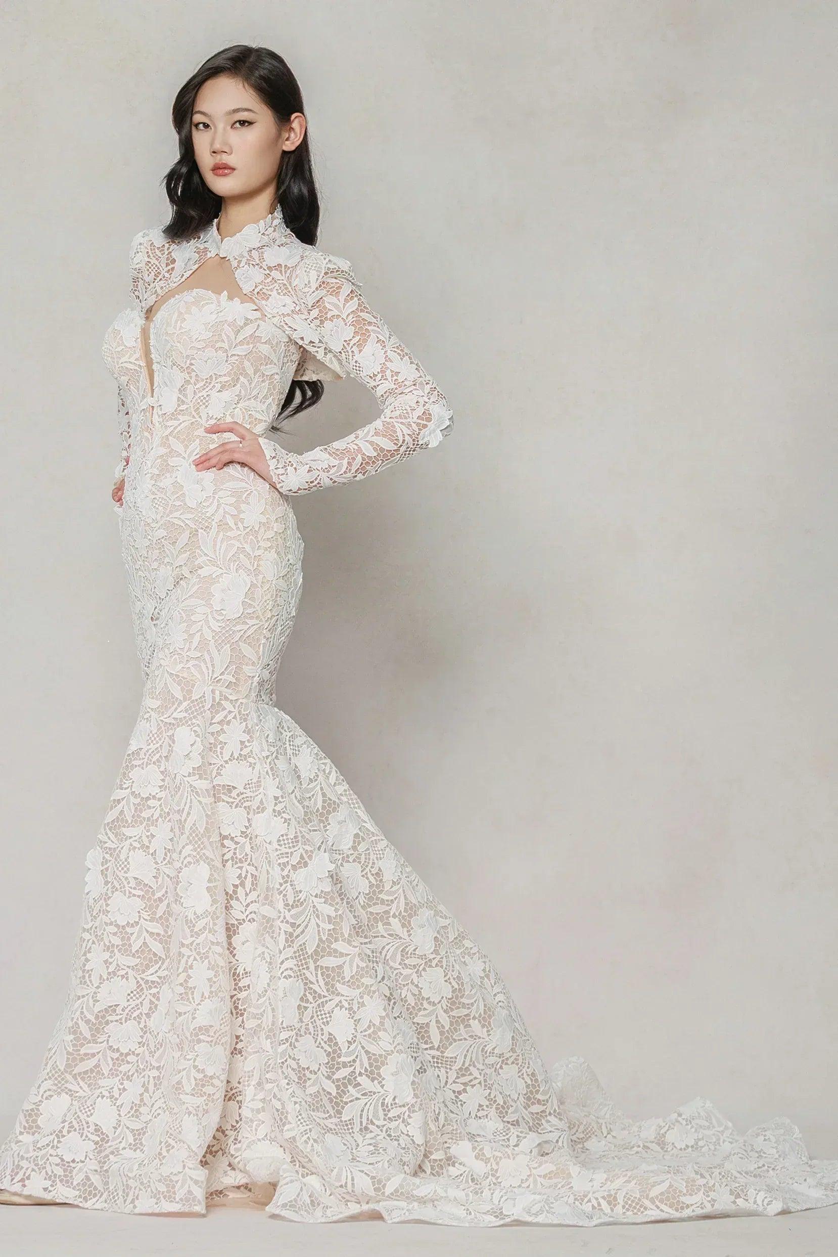 Trumpet-Mermaid Chapel Train Lace Tulle Wedding Dress CW3647