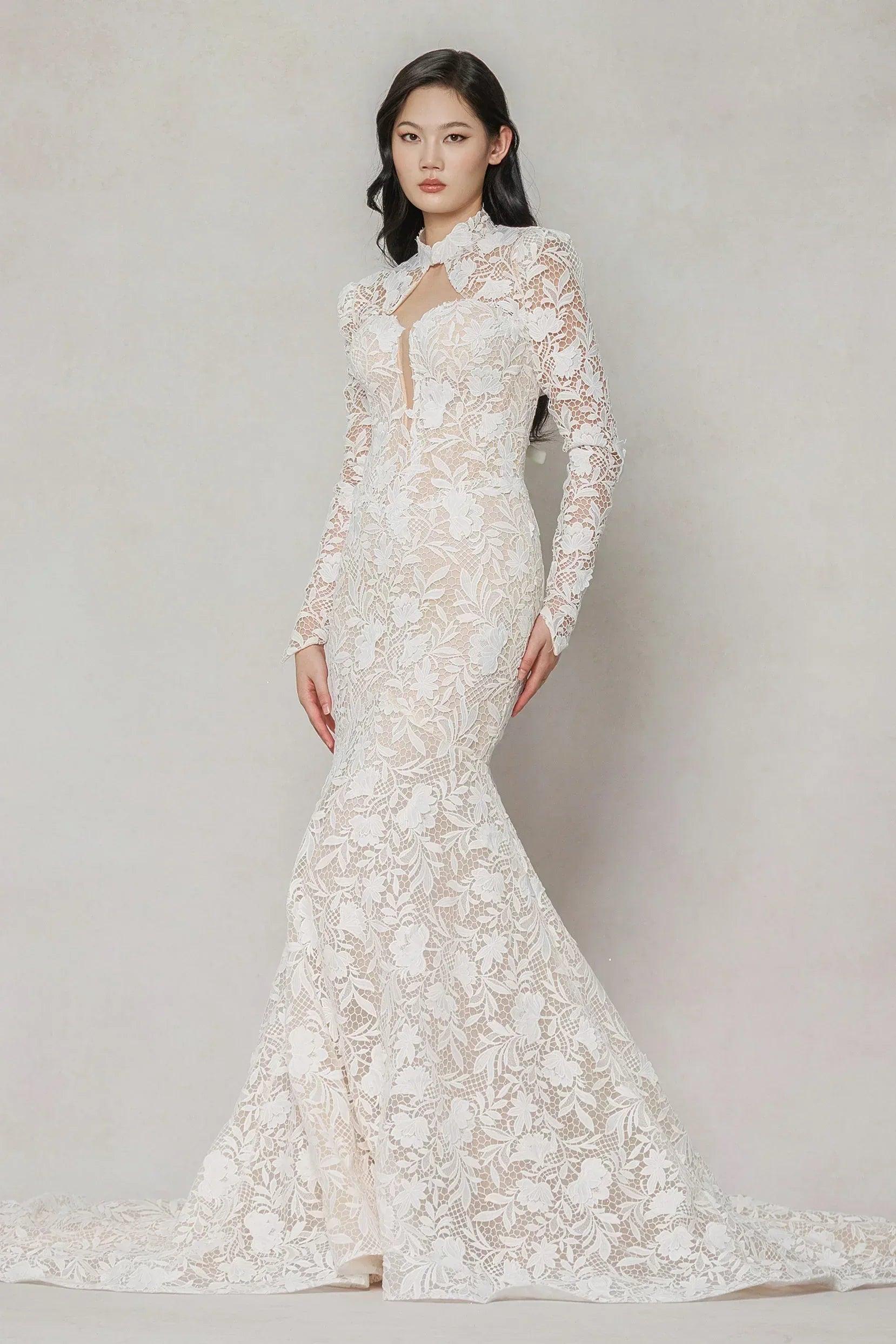 Trumpet-Mermaid Chapel Train Lace Tulle Wedding Dress CW3647