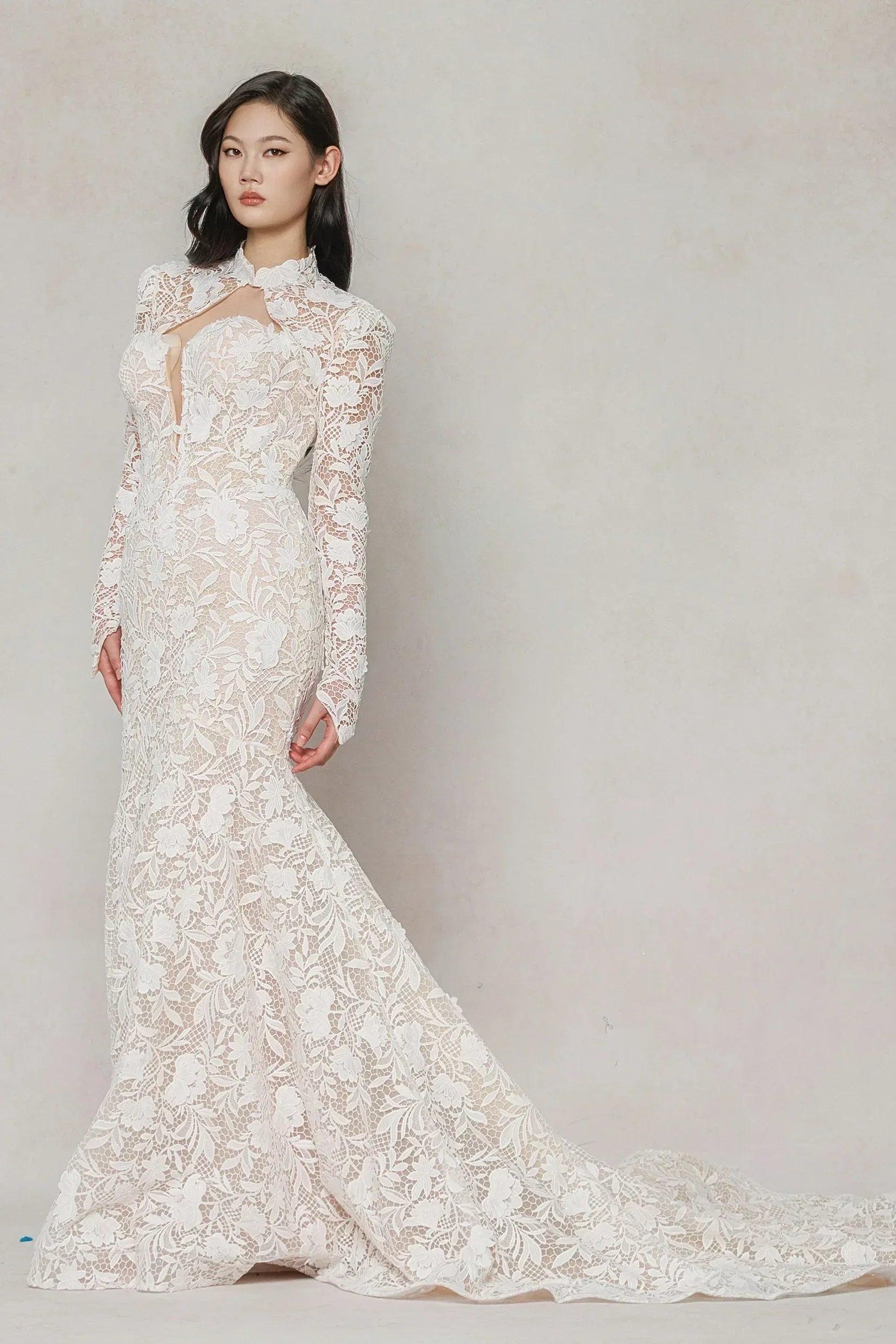 Trumpet-Mermaid Chapel Train Lace Tulle Wedding Dress CW3647