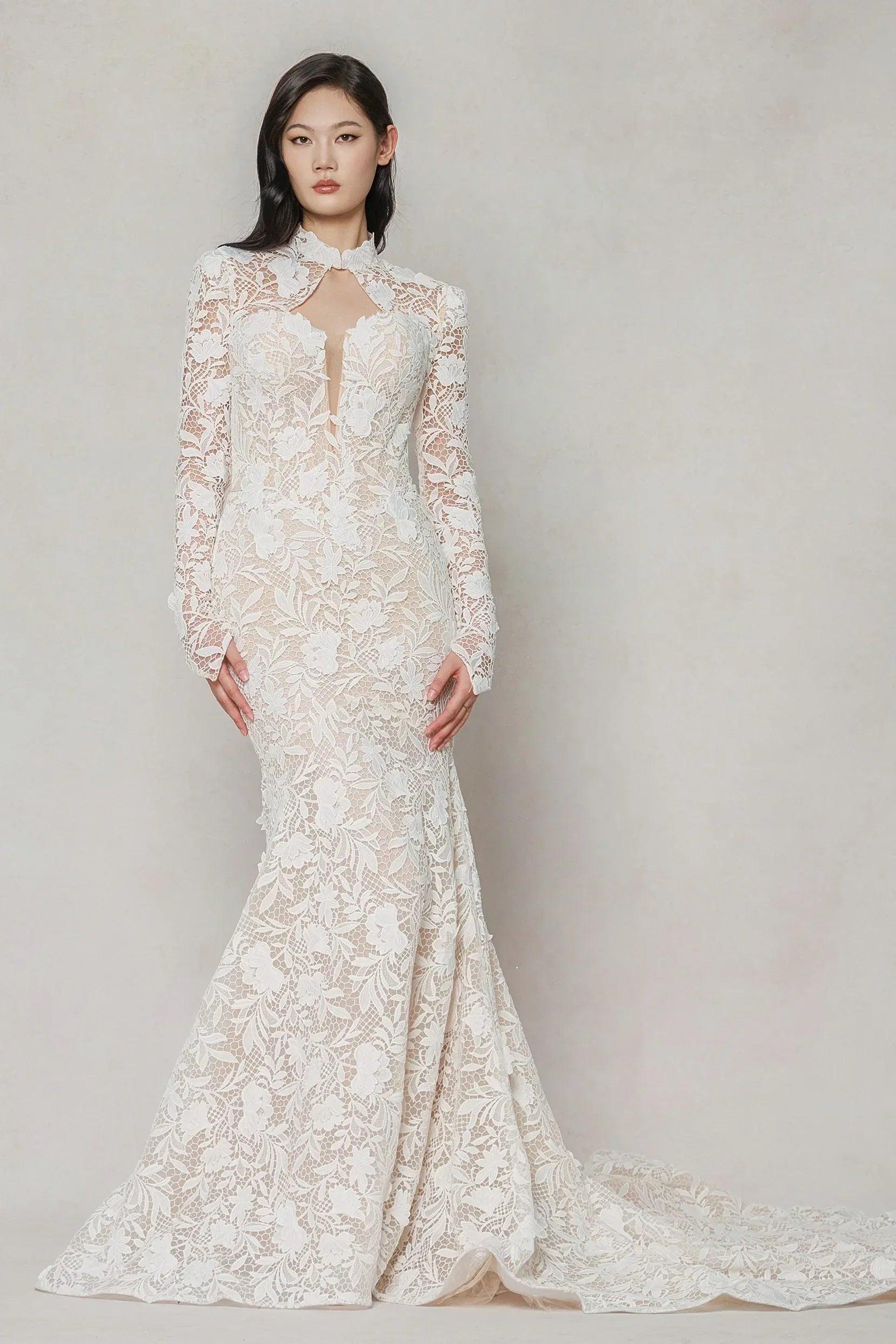Trumpet-Mermaid Chapel Train Lace Tulle Wedding Dress CW3647