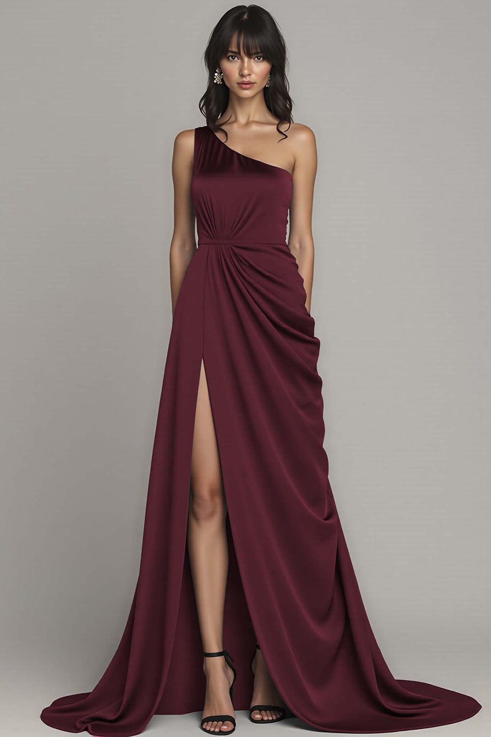 Black Satin One Shoulder A Line Long Formal Dress with Slit