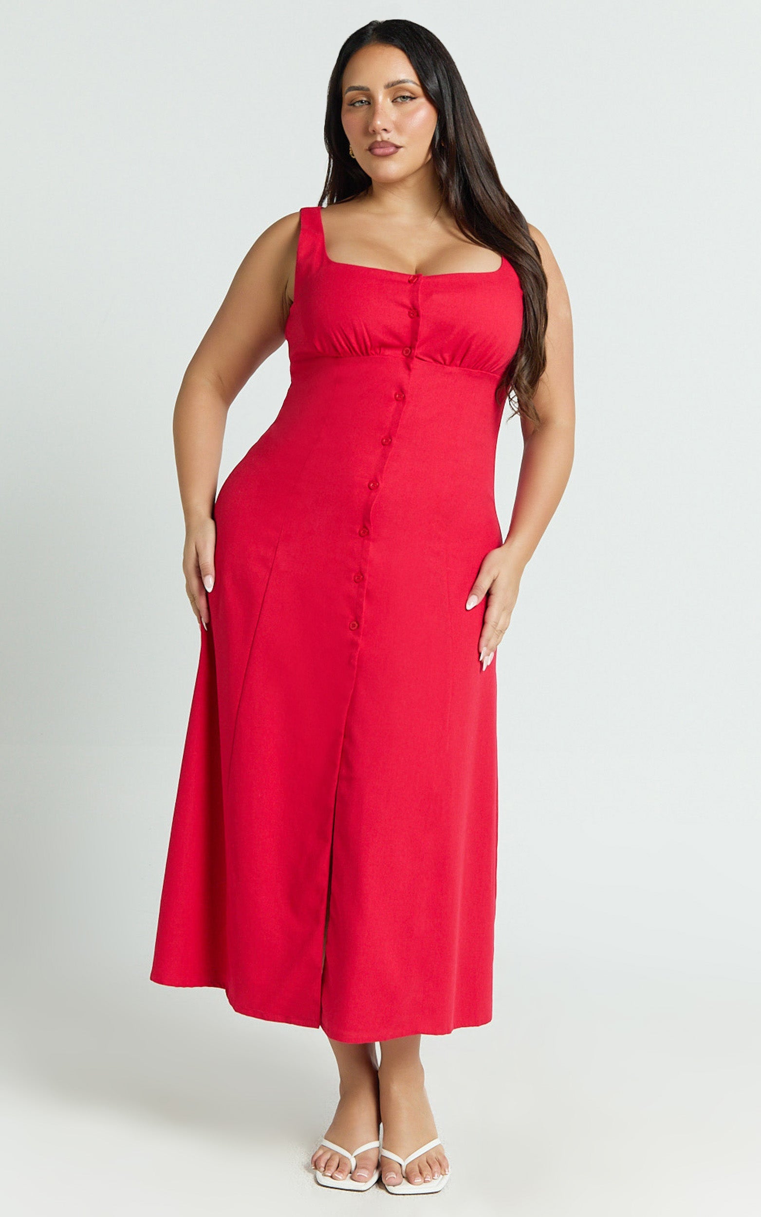 Cameron Midi Dress - Button Front Tie Back Dress in Red