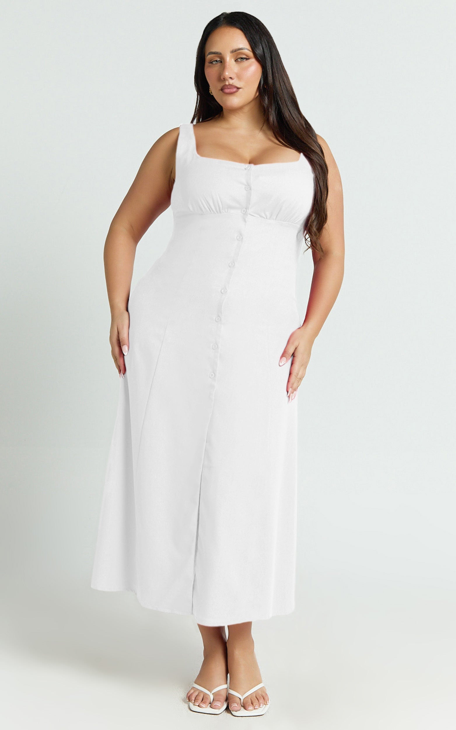 Cameron Midi Dress - Button Front Tie Back Dress in White