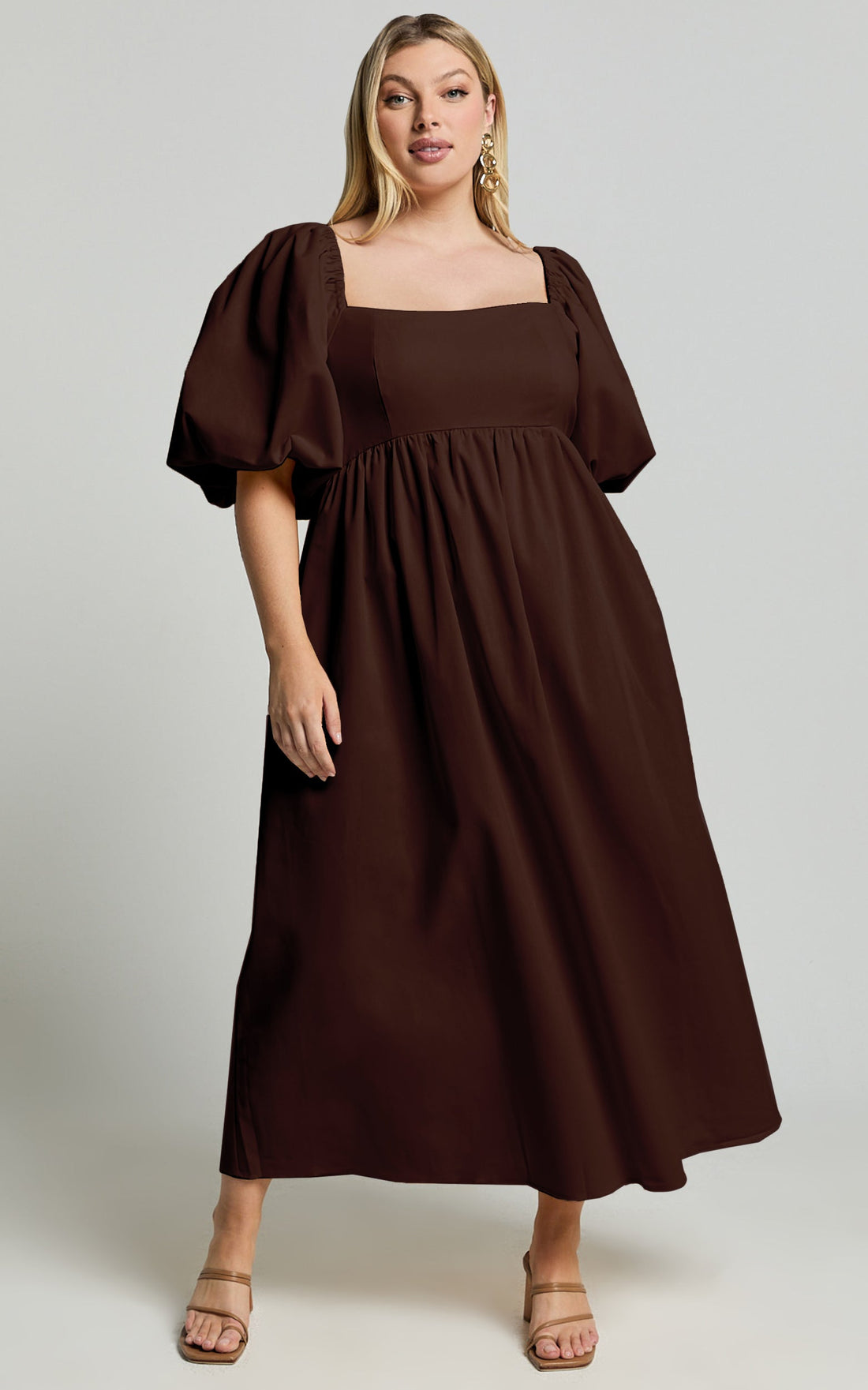 Cenia Midi Dress - Linen Straight Neck Shirred Back Puff Sleeve Dress in Dark Oak