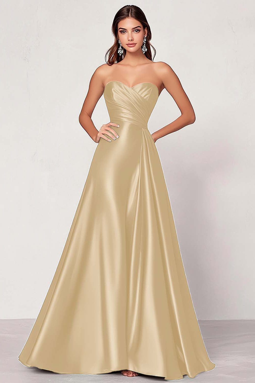 Dusty Blue Satin A Line Sweetheart Long Ruched Prom Dress