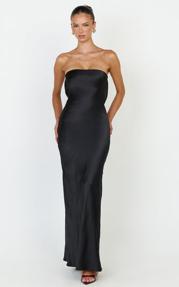 Charlita Maxi Dress - Strapless Cowl Back Satin Dress in Black