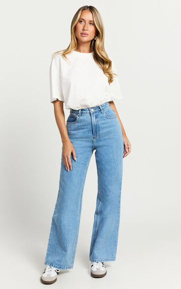 Cole Jeans - High Waist Relaxed Wide Leg Recycled Denim Jeans in Mid Blue Wash