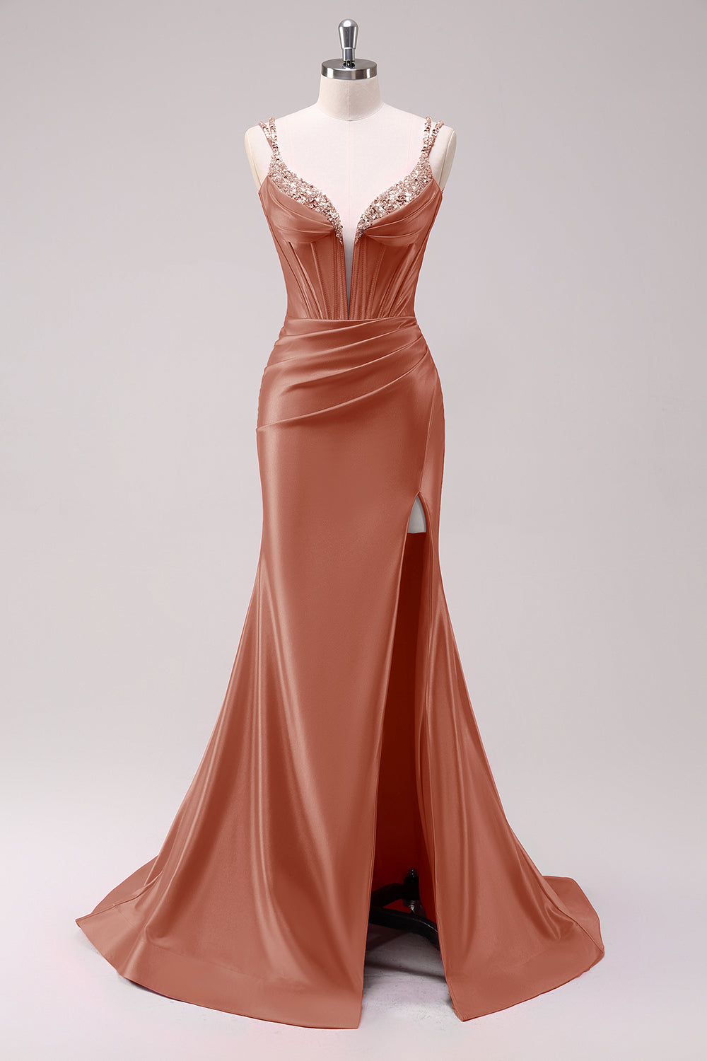 Sparkly Fuchsia Corset Sequined Long Prom Dress with Slit